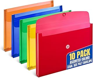 1InTheOffice Poly Envelopes Button & String Closure, Expanding Wallet, Legal Size, Assorted Colors, 10/Pack
