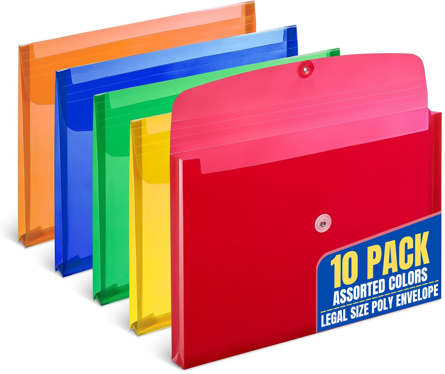 1InTheOffice Poly Envelopes Button & String Closure, Expanding Wallet, Legal Size, Assorted Colors, 10/Pack