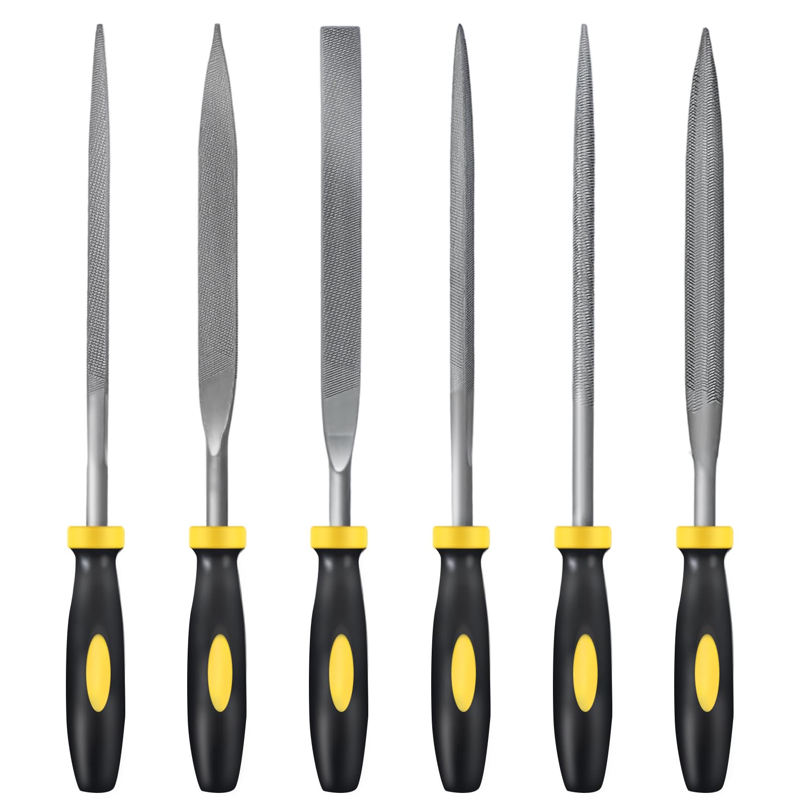 MORROWIND 6-Piece Needle File Set, Diameter 5 mm Length 180 mm Hardened Alloy Steel Mini File for Metal Wood Plastic, Includes Flat, Warding, Square, Triangular, Round, Half-Round, Yellow
