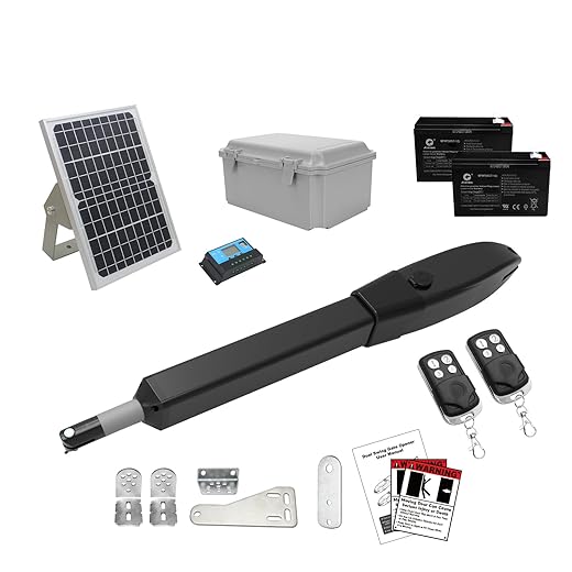 JUJIANG C026 Solar Gate Opener with Batteries & Solar Panel for Single Swing Gates Up to 770lb 16FT Automatic Gate Openers with Remote Complete Kit Medium Duty Automatic Gate Openers Solar Powered