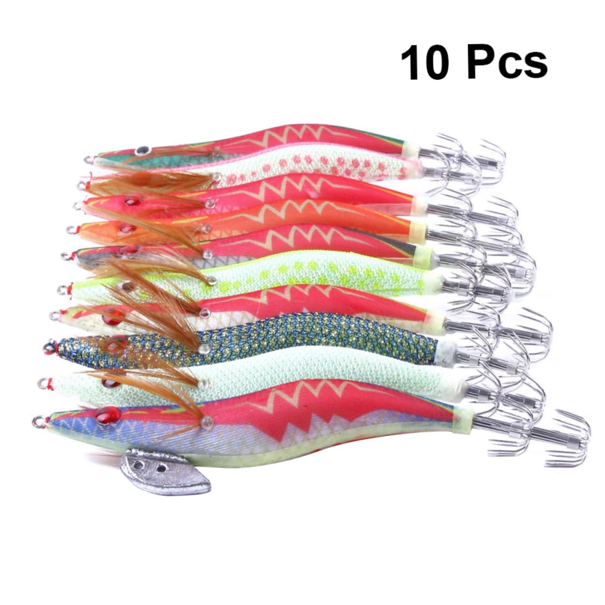 HANABASS Esca da Pesca Squid Fishing Hook Fosforescente, 10 Pezzi | Colore Verde Chiaro, Plastica, Circa 14x3x2 Cm, per Acqua Dolci e Salate