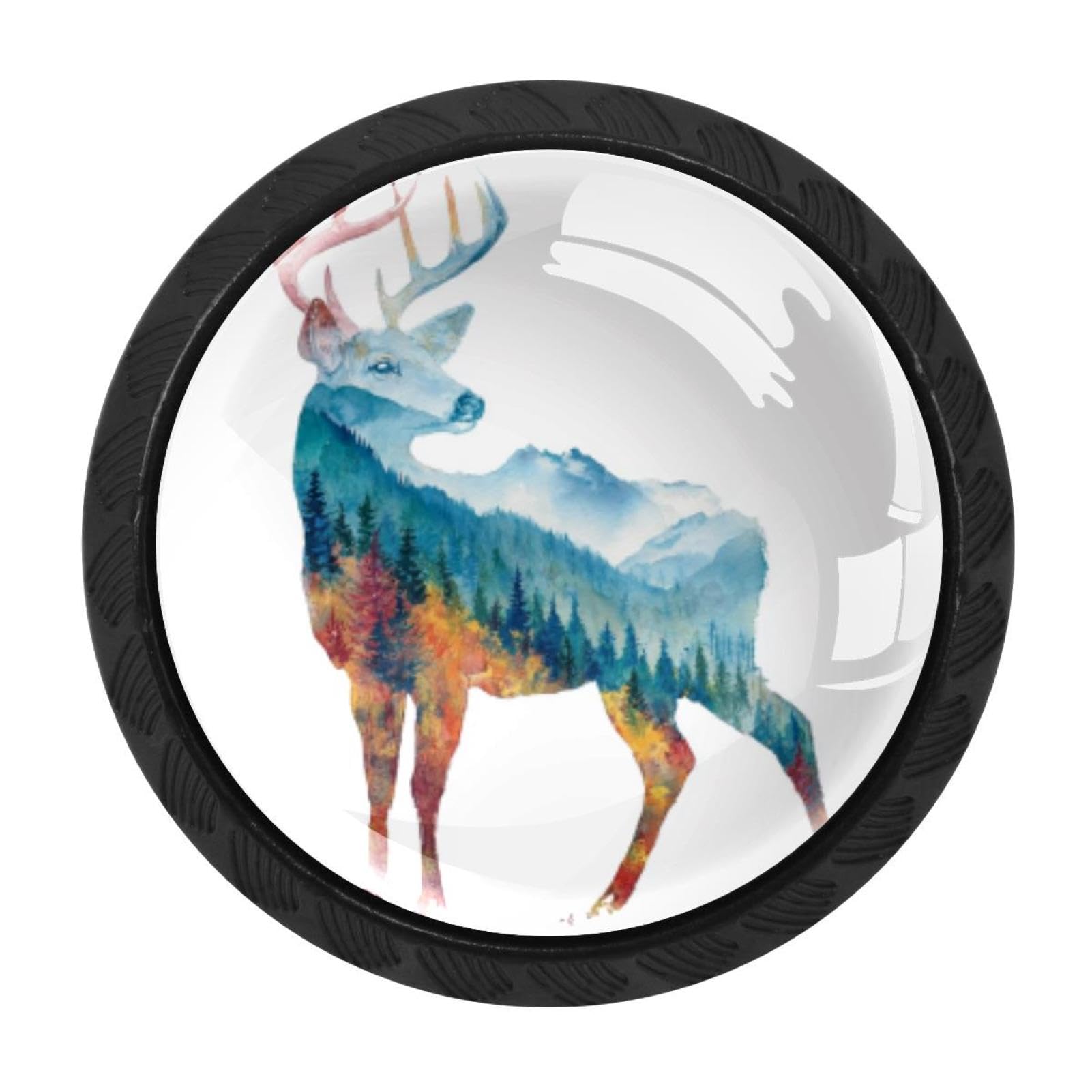 CHENZZZZ 4 Pieces Watercolor Mountain Deer (12) Drawer Knobs, 35mm Black Kitchen Cabinet Knobs, Drawer Pulls and Knobs, Glass Cabinet Hardware Single Hole Knob for Cabinets and Drawers Round