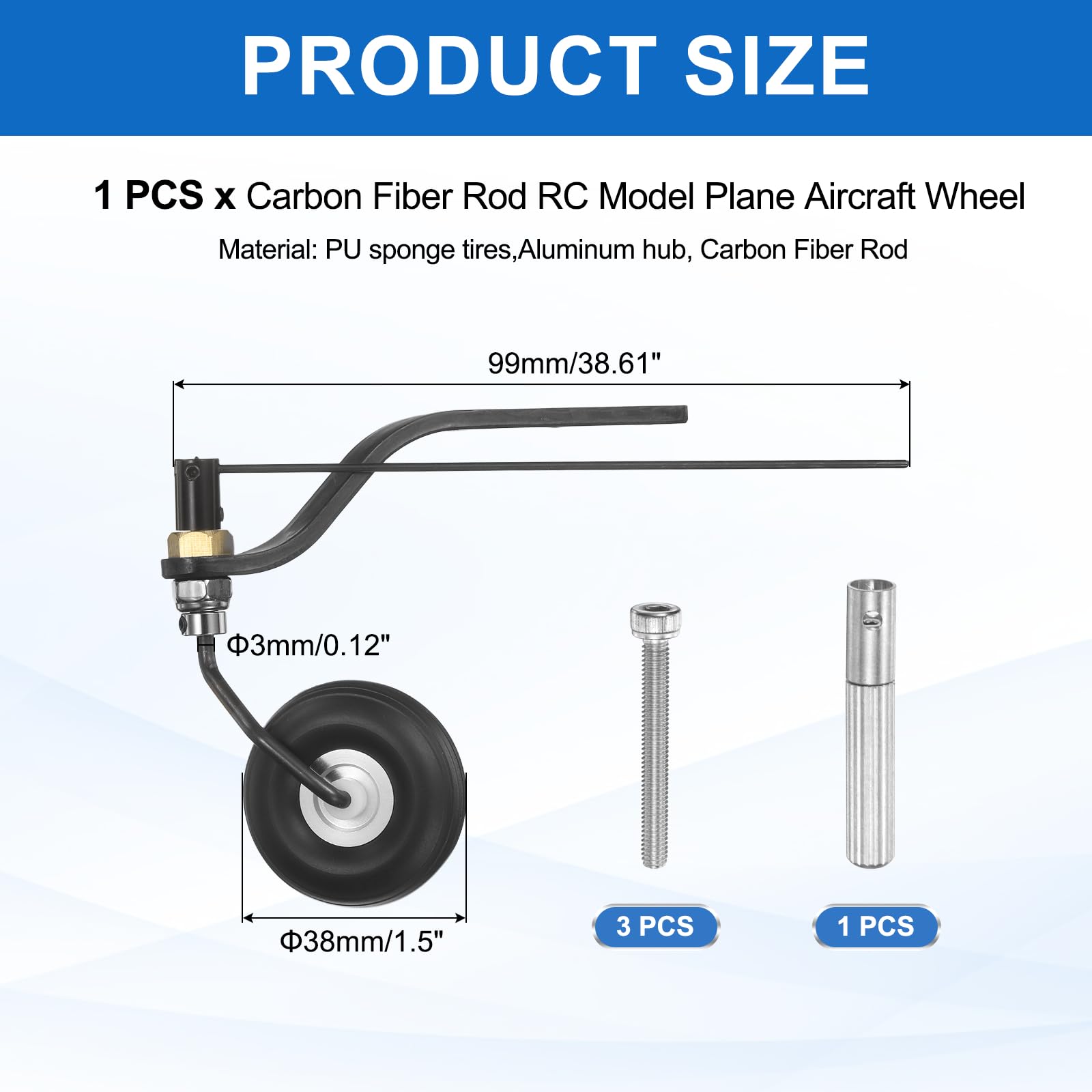 MECCANIXITY Ruedas de avión RC de 30 cc de 1.5 pulgadas OD RC con varilla de fibra de carbono, ruedas de esponja de poliuretano para aeronaves, kit de repuesto de espuma RC para modelo de avión, 1