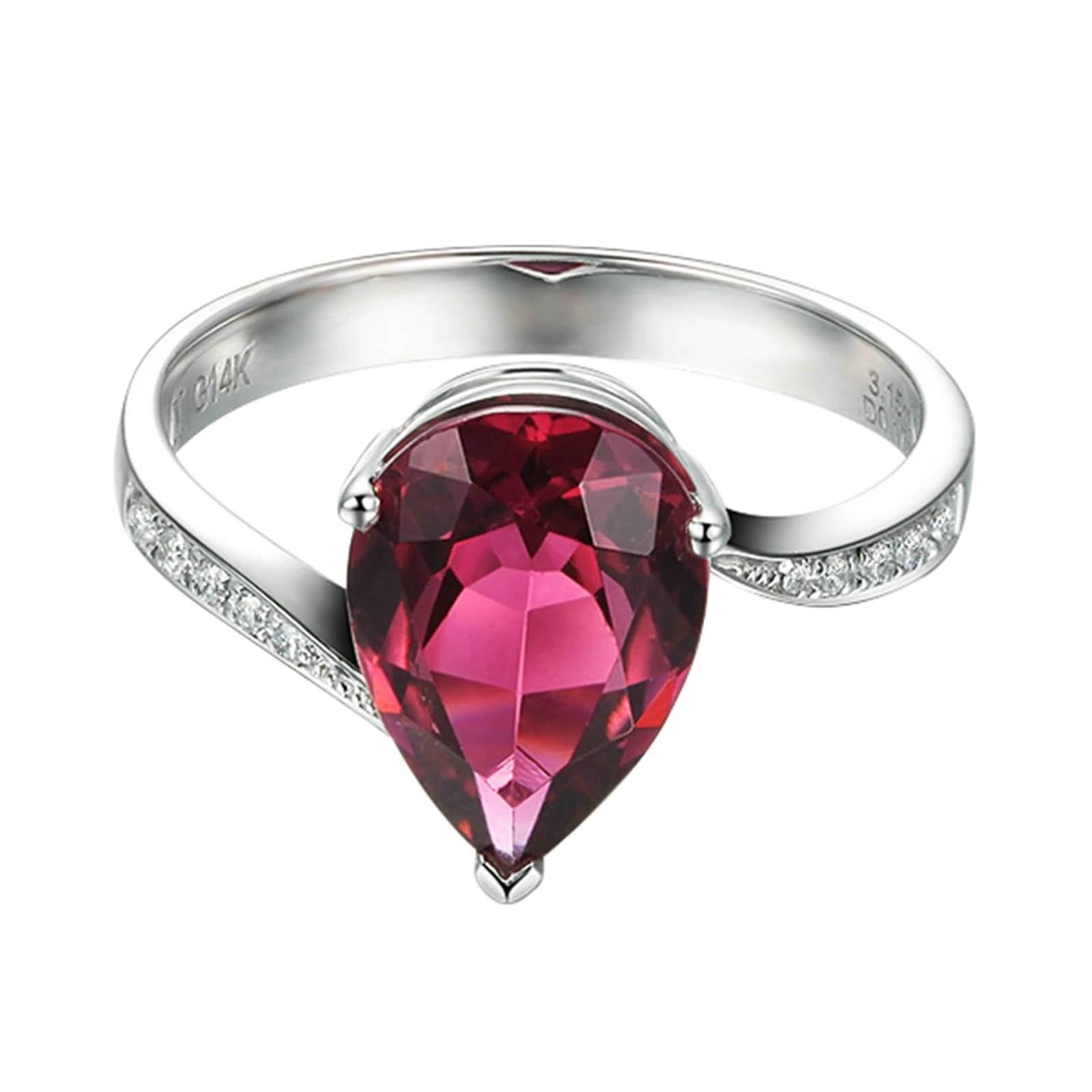 AmDxD Alliance en or blanc véritable 18 carats, bague solitaire rouge tourmaline et diamant en forme de larme rouge