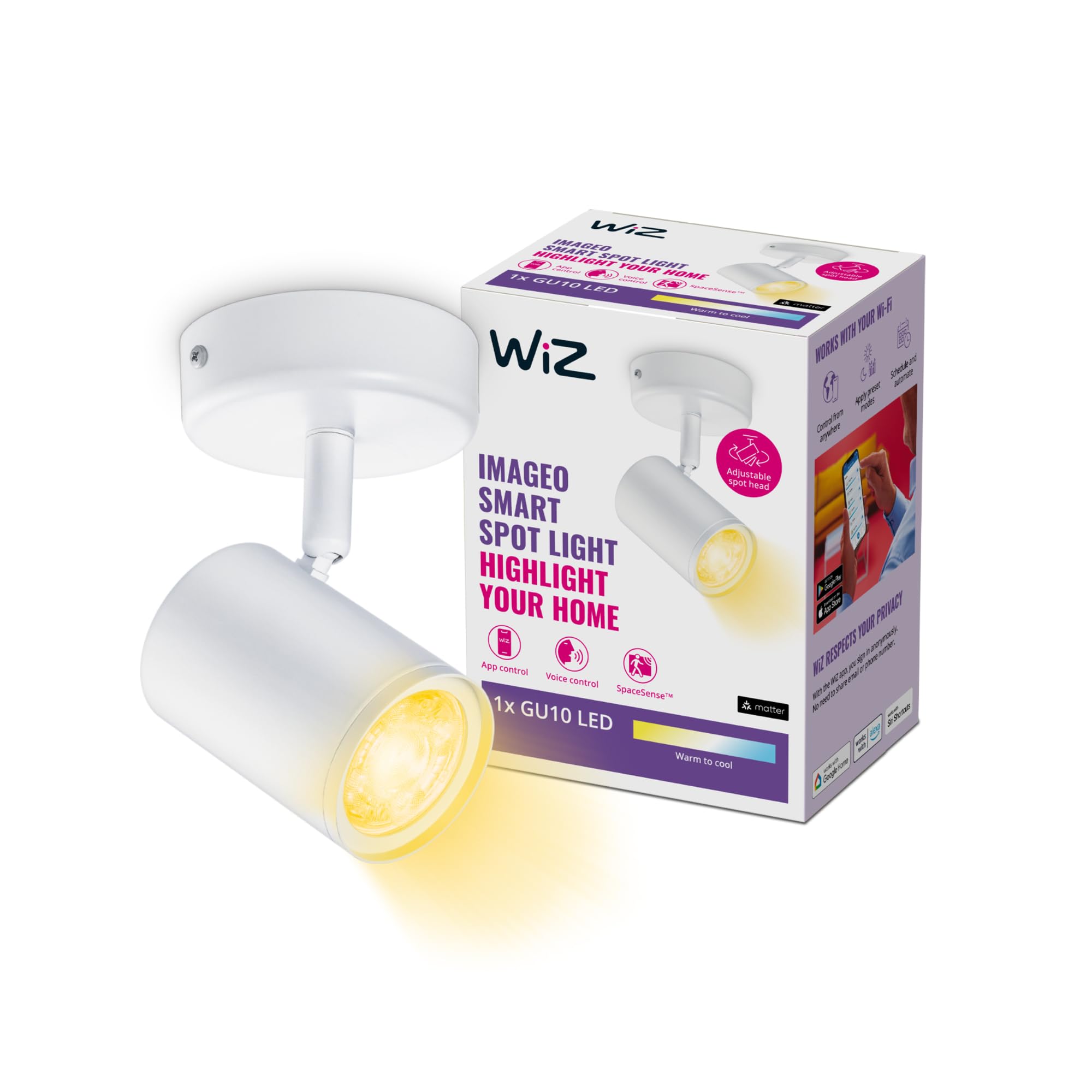 WiZTunable White Smart Connected WiFi Imageo Build on Spot Lights [1 Spot - White]. 5W, Warm to Cool White Light, App Control for Home Indoor Lighting, Livingroom, Bedroom.