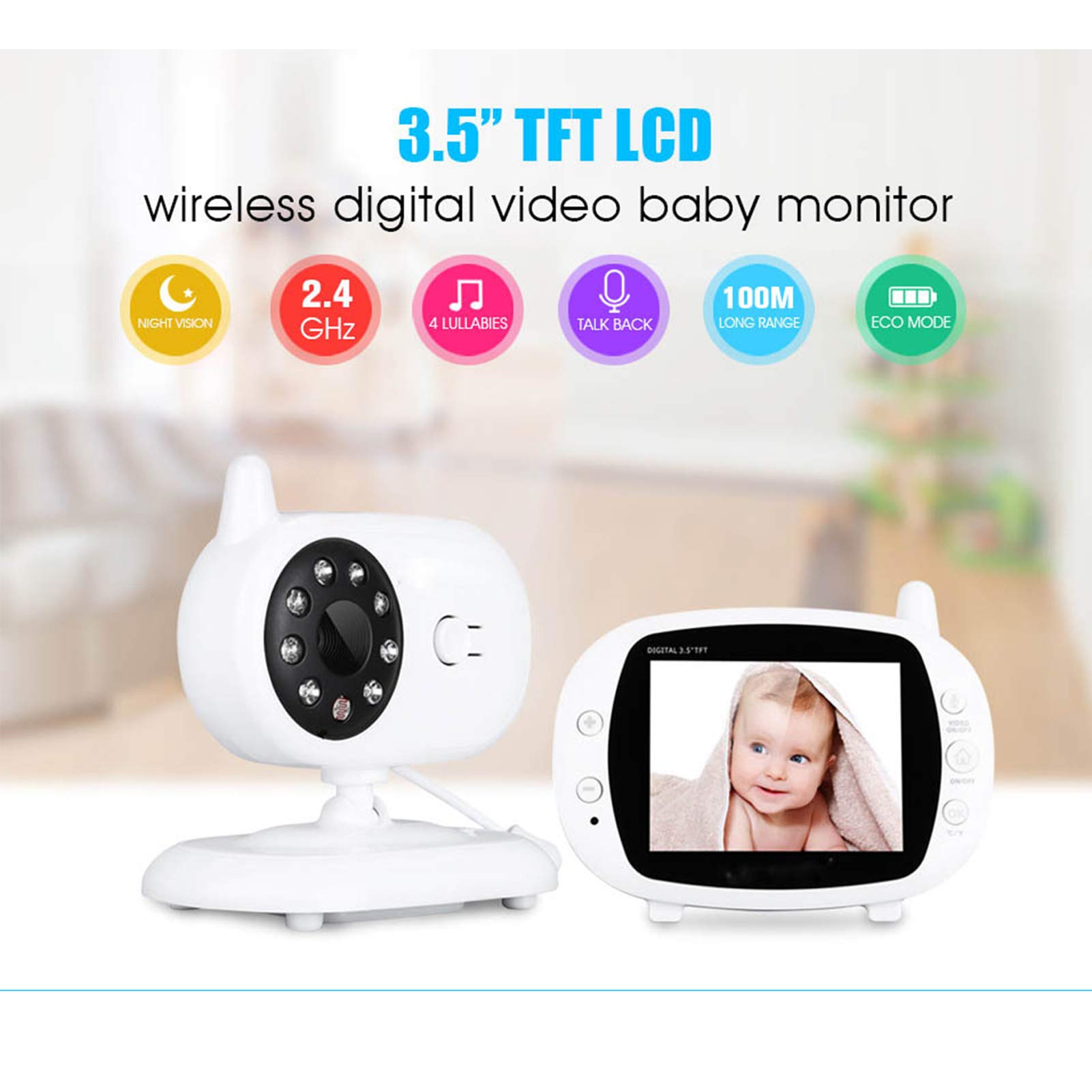 Moniteur Bébé LCD HD 3,5 Pouces Avec Interphone Vocal Bidirectionnel Vidéo Et Audio Détection Automatique De La Température De Vision Nocturne