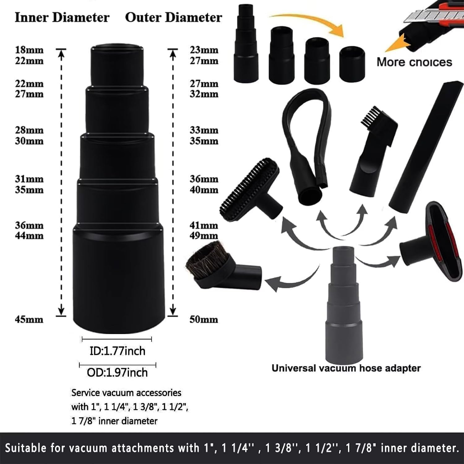14 Pcs Universal Vacuum Attachments Kit for Shop Vac Accessories Fits 2 1/2", 1 7/8" to 1", 1 3/8 inch, 1 1/4" Hose Adapter Shop Vacuum Cleaner Attachments