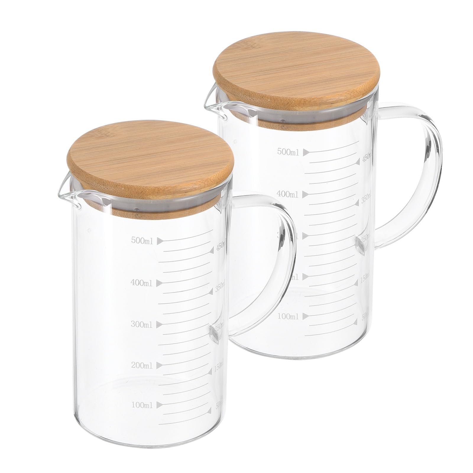 PATIKIL Vaso Medidor de Vidrio de 500ml, Pack de 2 Tazas Medidoras de Vidrio Borosilicato 3.3 con Escala Impresa Blanca Graduada para Medir Líquidos con Tapa de Madera y Pico en V