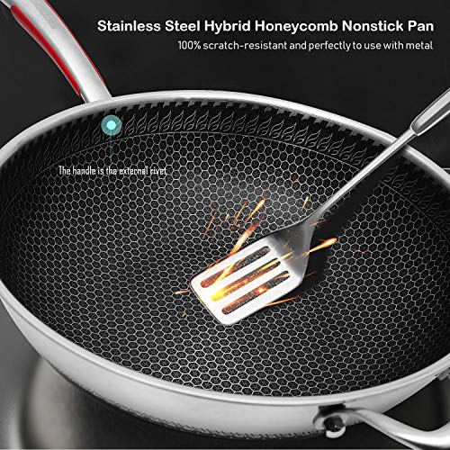 Megoo 12.6 Inch Stainless Steel Nonstick Wok Pan With Lid,Stir Fry Honeycomb Wok,Cooking Wok Skillet,For Gas Cooktops,Induction,Electric Stove,Dishwasher Safe(Pfa,Pfoa Free) #TOP5