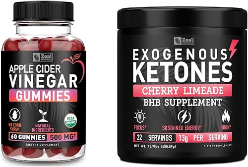 Gomitas orgánicas de vinagre de sidra de manzana cruda ACV 500 mg y cetonas exógenas puras BHB en polvo, 22 porciones, Beta hidroxibutirato S