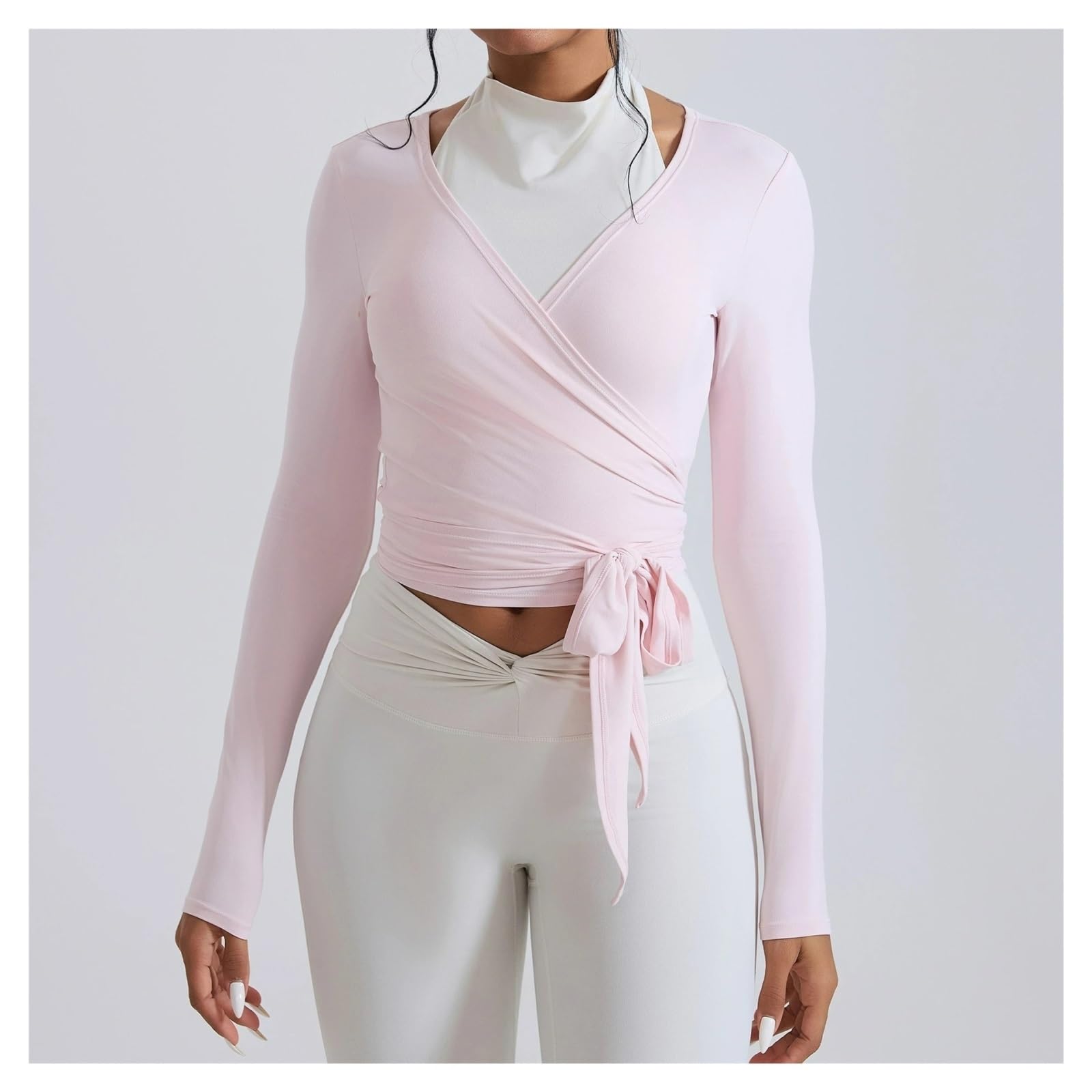 Top Yoga a Maniche Lunghe Donna Top da Donna avvolgenti for Yoga | T-shirt sportive a maniche lunghe con scollo a V profondo, cravatta, allenamento, danza classica, pilates