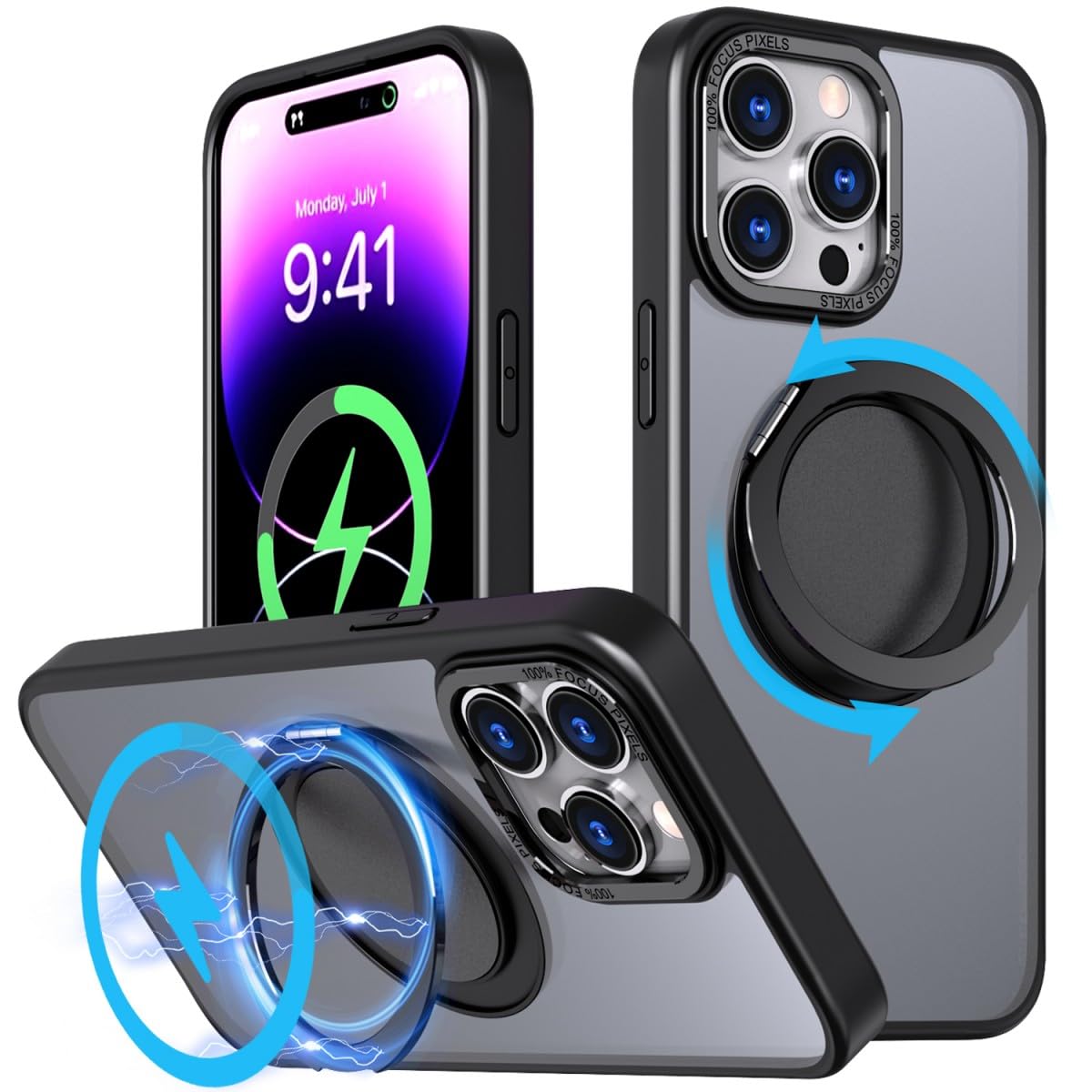 for iPhone 14 Pro Case with 360 Rotatable Magnetic Ring Kickstand[Compatible with Magsafe],Military Grade Shockproof Translucent for iPhone 14 Pro Protective Case - 6.1 inch,Black