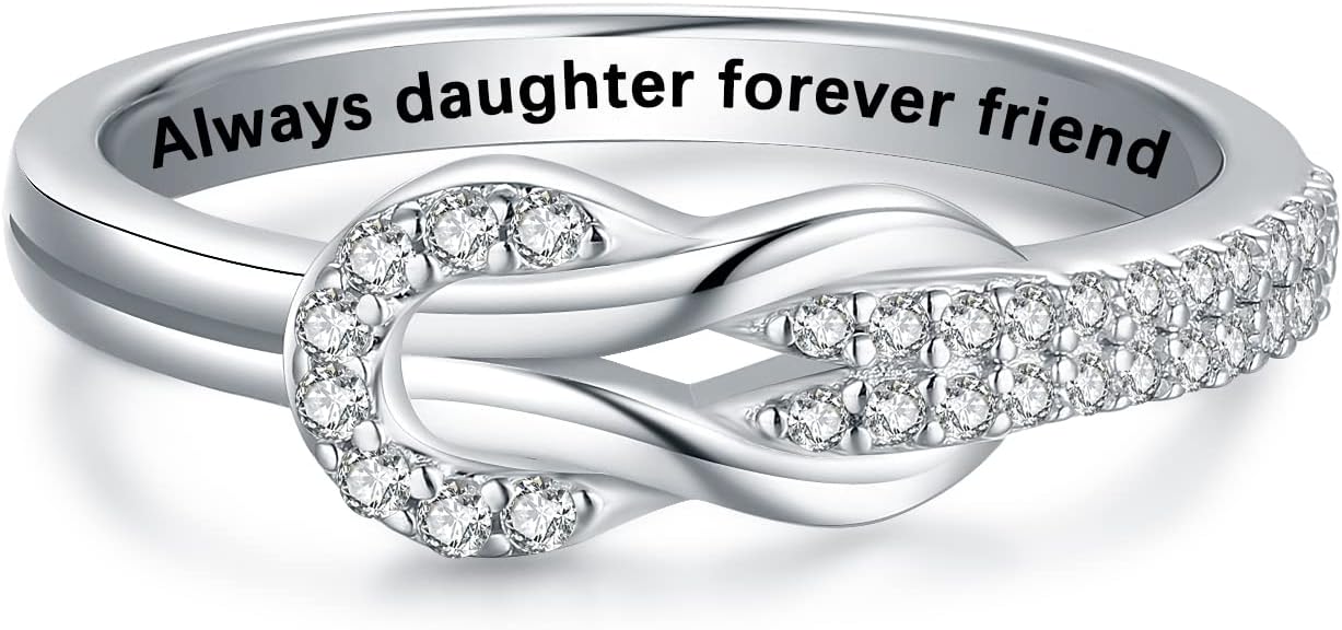Love Between Mother Daughter Ring for Women S925 Sterling Silver Square Knot Ring Engraved "I Love You Forever" Mothers'Day Birthday Christmas Jewelry Gift for Mother Ring Daughter Grandma