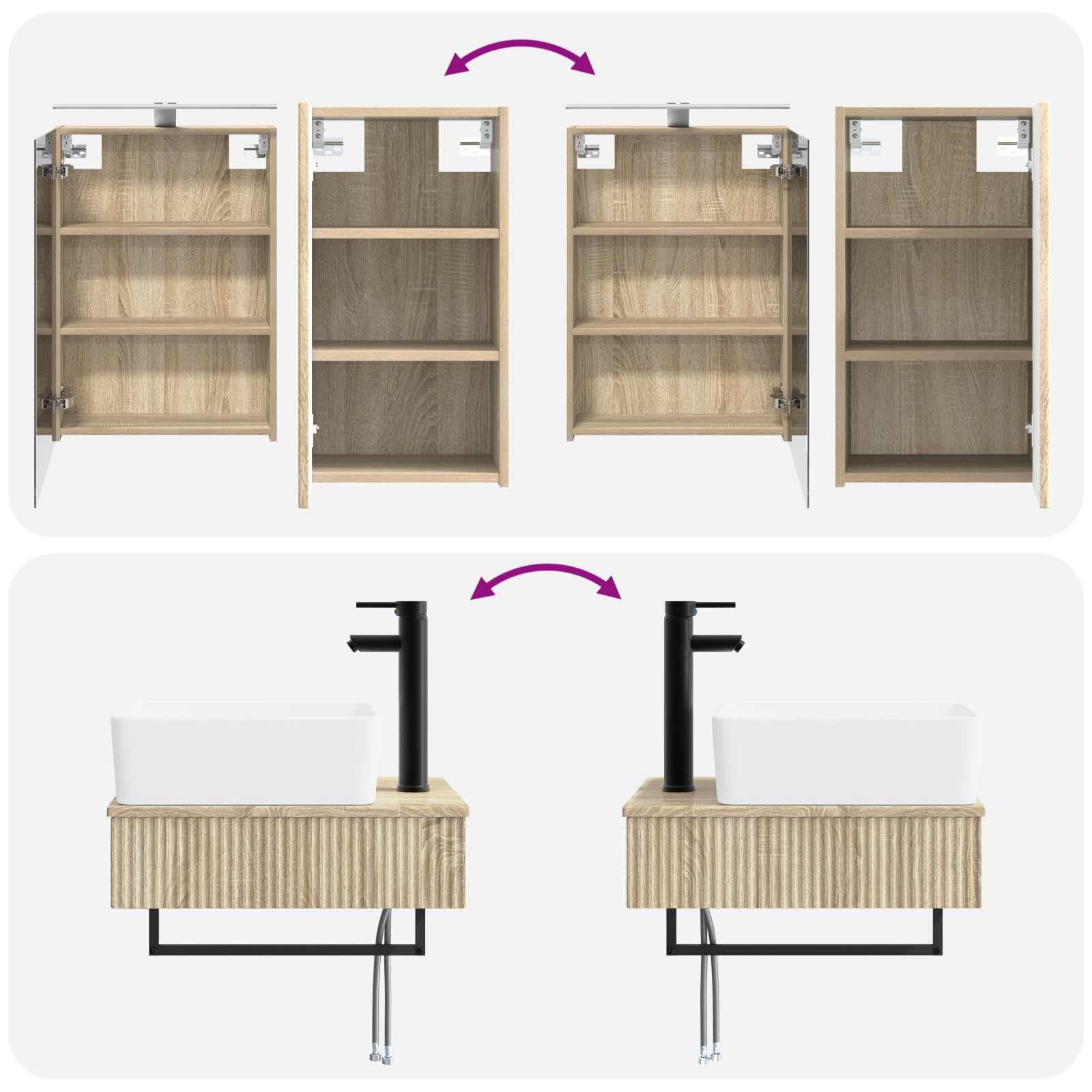 Juego de 5 muebles de baño de roble Sonoma de madera y cristal con espejo LED, montaje en pared para baño moderno, incluye espacio de almacenamiento, iluminación USB, espejo de doble cara