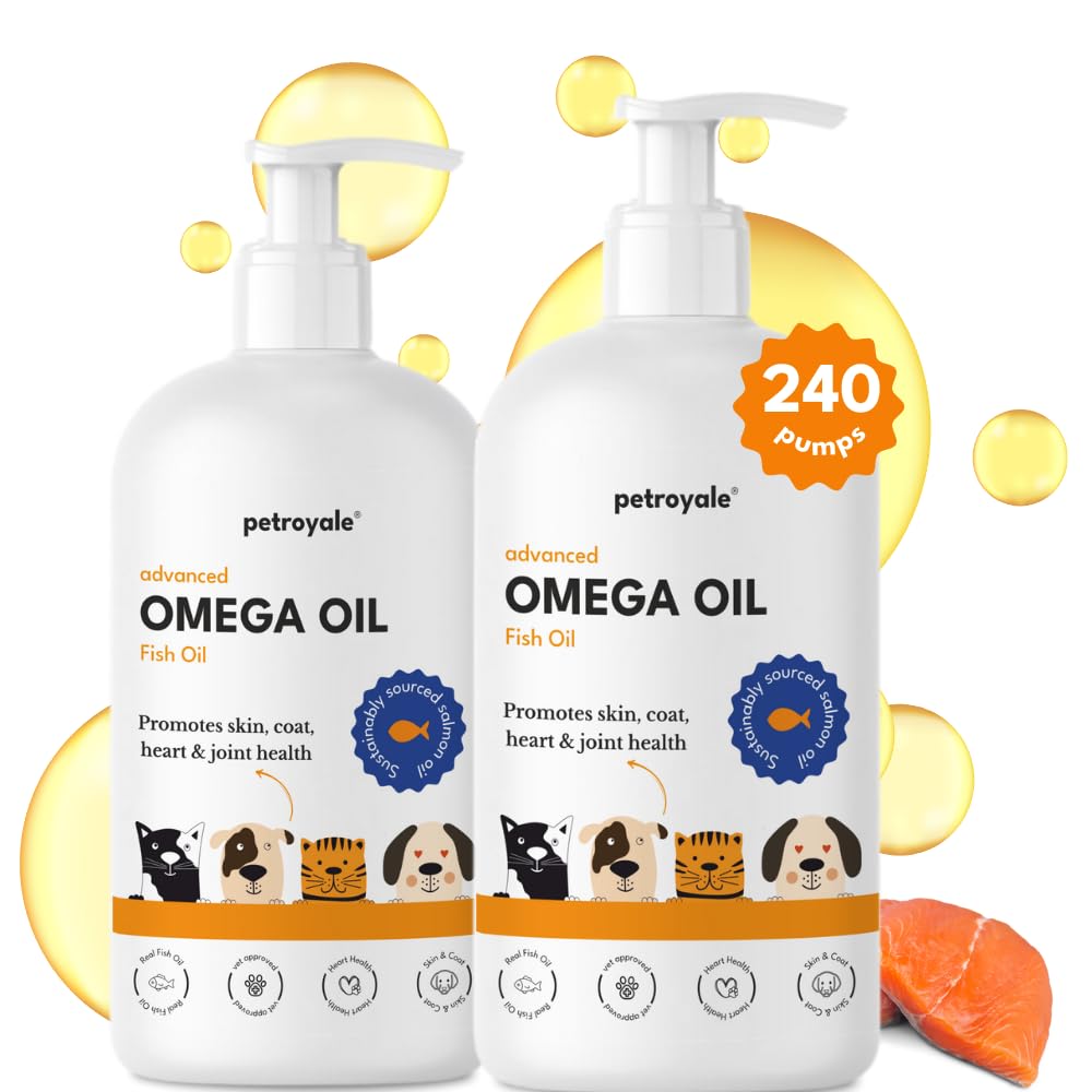 Petroyale Omega 3 Fish Oil for Dogs & Cats – Salmon Fish Oils with Omega 3 6 9 – Supports Skin, Coat, Joints & Immunity- Fish Oil for Dogs & Cats – Vet-Approved Formula – Easy Serve Pump (Pack of 2)