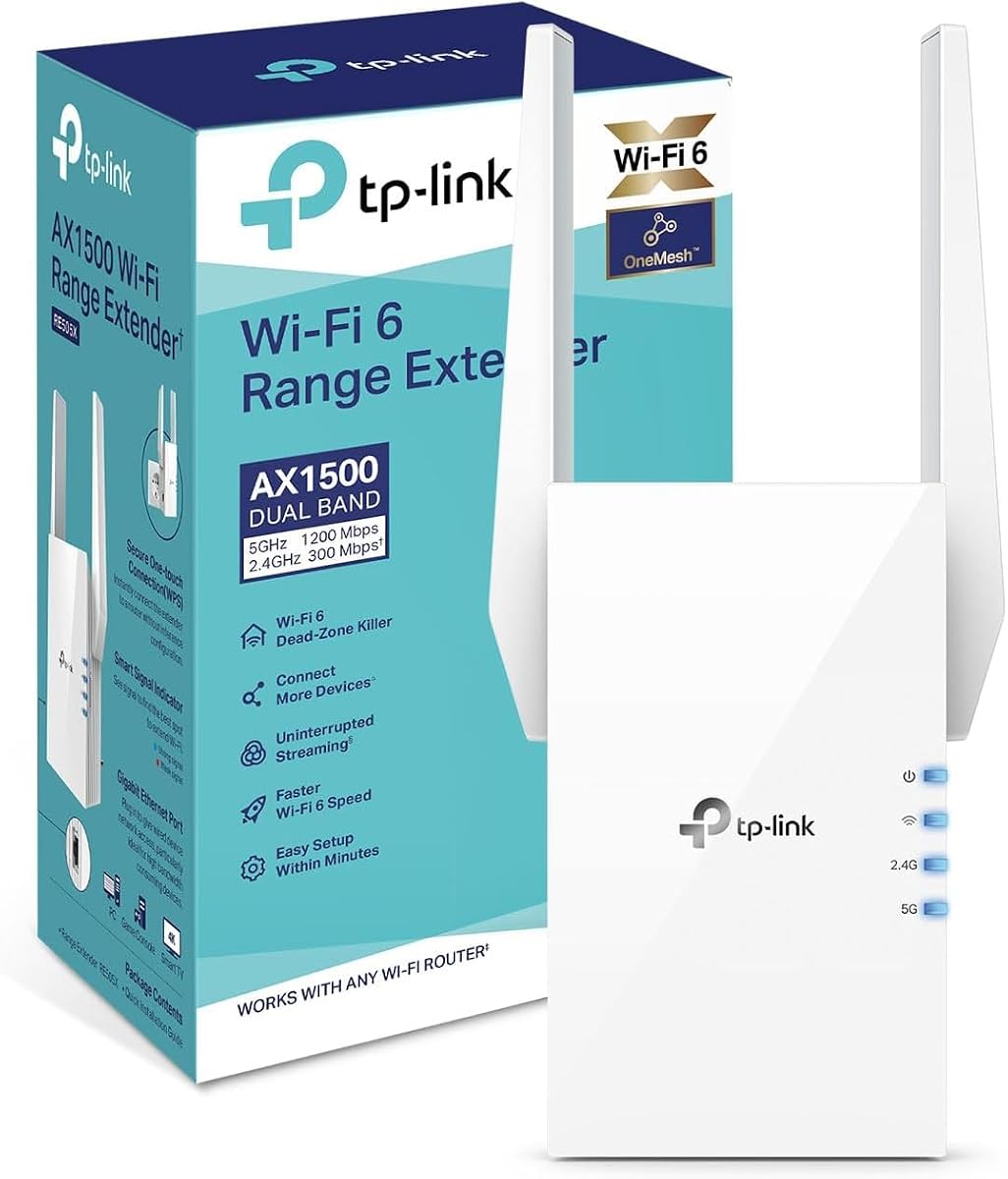 AX1500 WiFi 6 Extender, Up to 1500Mbps, Next-Gen Dual Band WiFi Booster, WiFi Repeater with Gigabit Port, Access Point Mode, 2 External Antennas, Easy Set-Up, OneMesh Compatiable(RE505X)