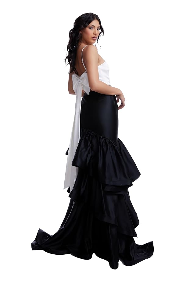 Dress the Population Women's Clarice Stretch Satin, Maxi, Mermaid, V-Neck Dress, Off White-Black, Large by Dress the Population - Image 2