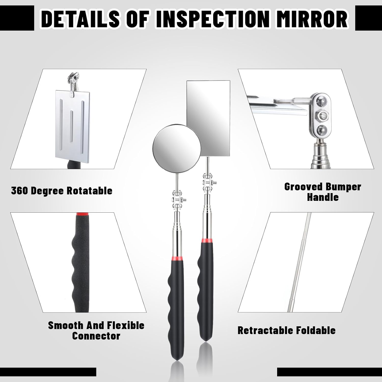 Pack of 2 Car Inspection Mirrors with Telescopic Handle, Telescopic Mirror, Extendable Inspection Mirror, Rectangular and Round Repair, 360 Degree Rotation, with Extended Handle for