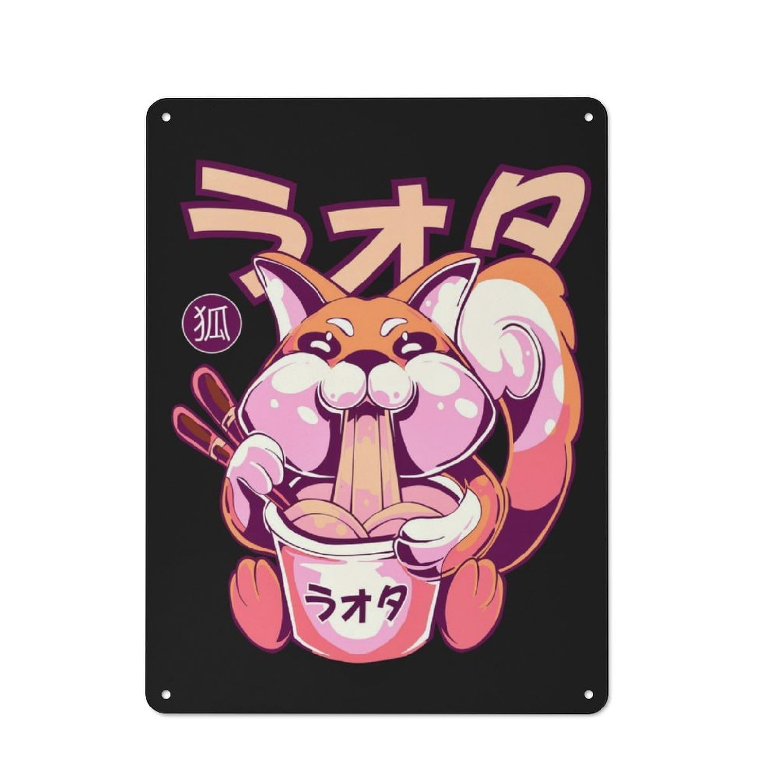 Junmoney Happy Fox Eating Ramen Smart Tin Sign 40X30cm Featuring Office Wall Decor For Workspace, Cafe, Shop Or Desk Area