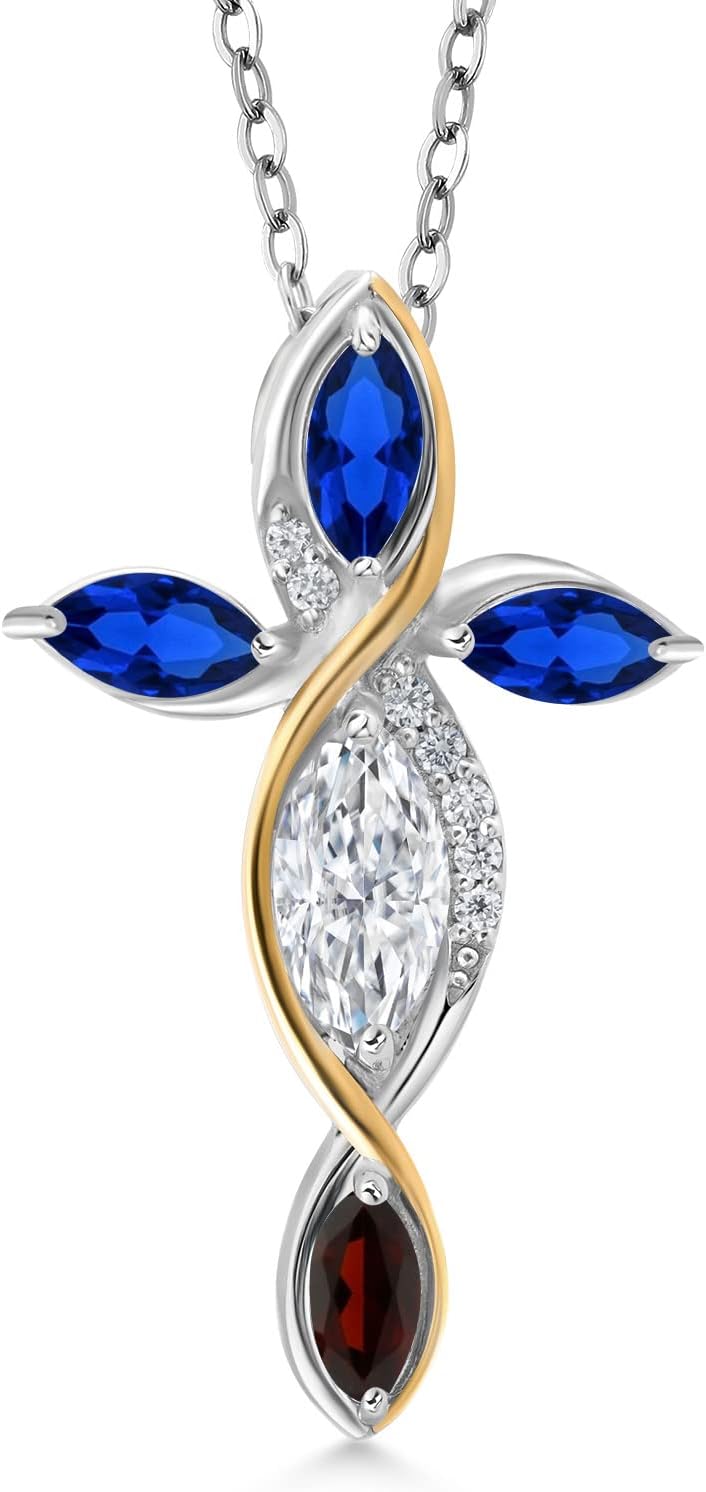 Cross Necklace For Women In 925 Silver and 10K Yellow Gold with Moissanite and Blue Created Sapphire and Garnet | 1.43 Cttw | Jesus Christian Religious Crucifix | Marquise 8X4MM | With 18 Inch Chain