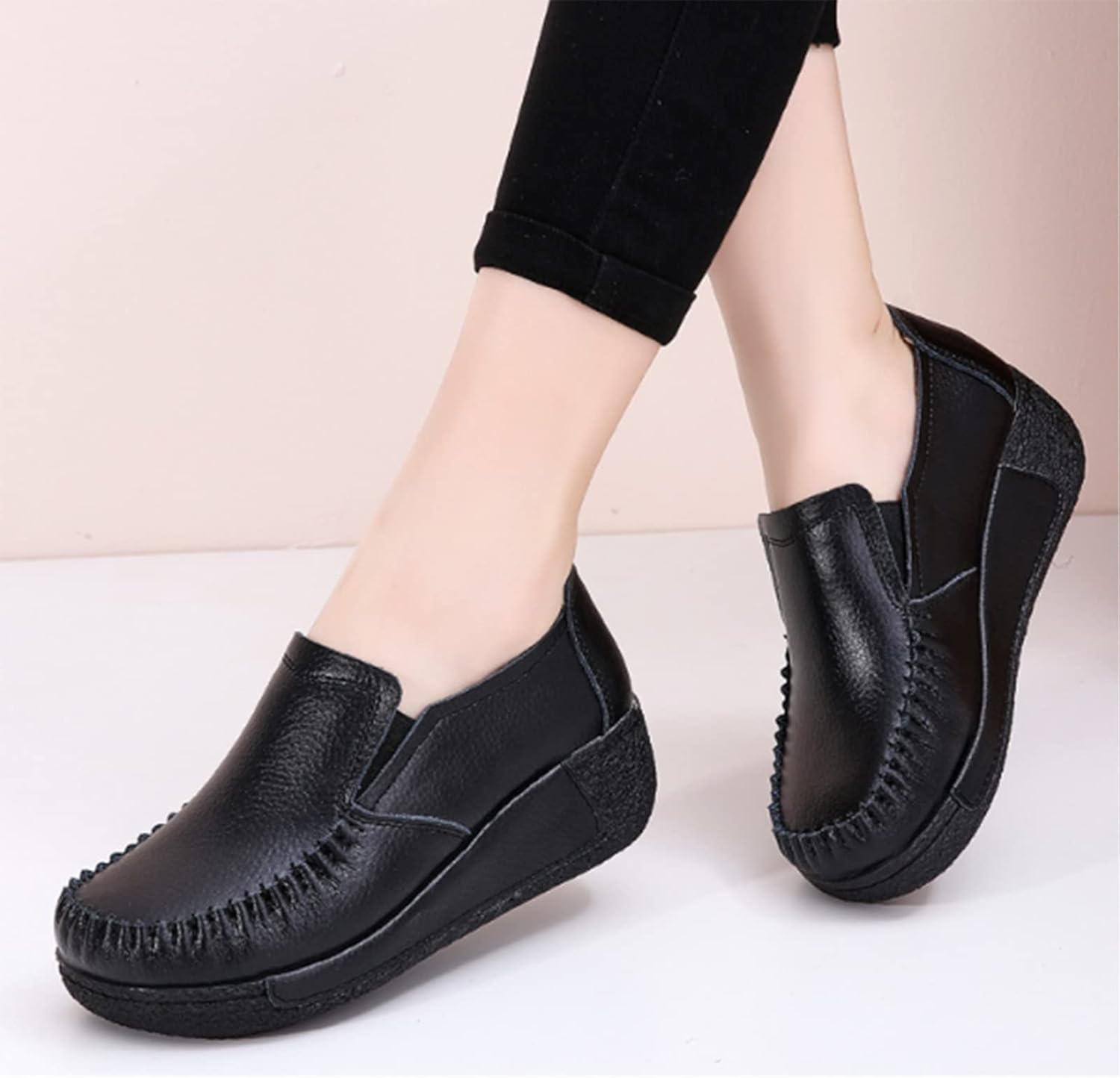 Women's Platform Leather Loafers, Breathable Non-Slip Good Arch Work Nurse Shoes, Rocking Walking Slip-On - Image 4