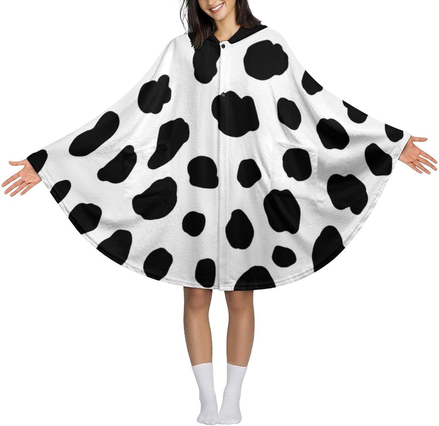Dalmatian Print Wearable Blanket with Hooded Flannel Blankets Cape with Pocket