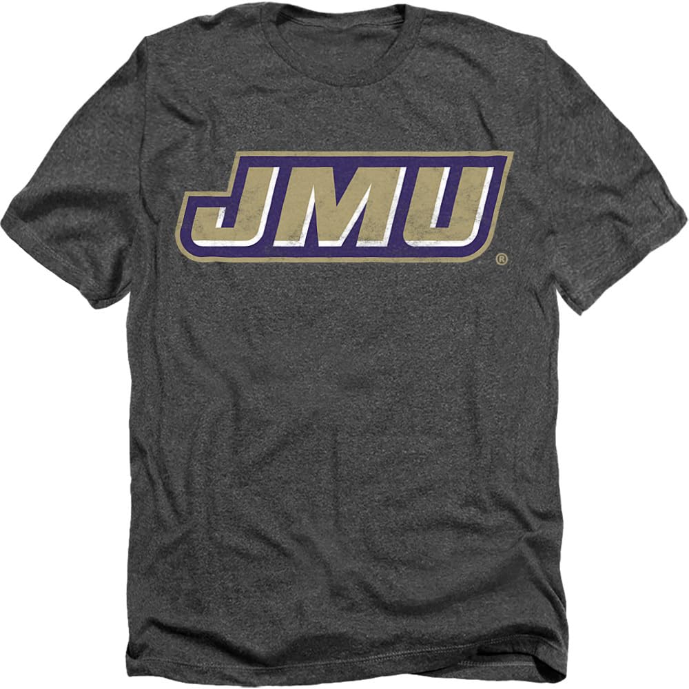 James Madison University JMU Official Distressed Primary Unisex Adult Heather T Shirt,Charcoal Heather, Medium
