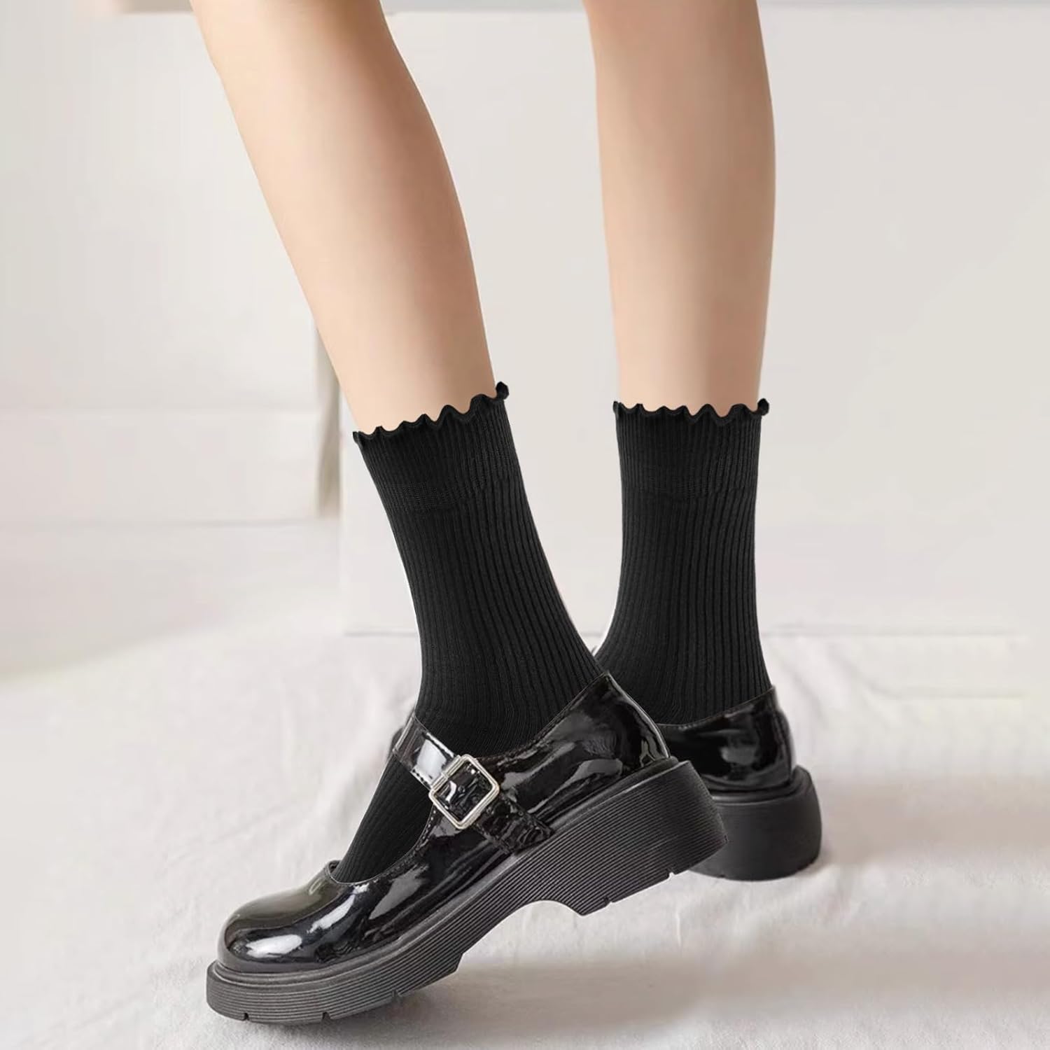 MORECOO Ruffle Socks Woman, Ruffle Turn-Cuff Breathable Cool Knit Cotton Lettuce Frilly Crew Mid-Calf Socks 6 Pack - Image 2