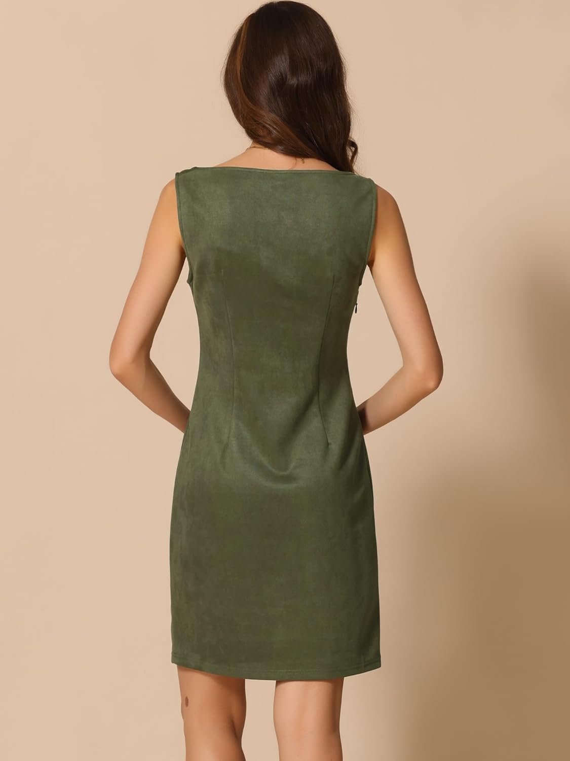 Allegra K Faux Suede Dress for Women's Boat Neck Sleeveless Sheath Dresses - Image 3