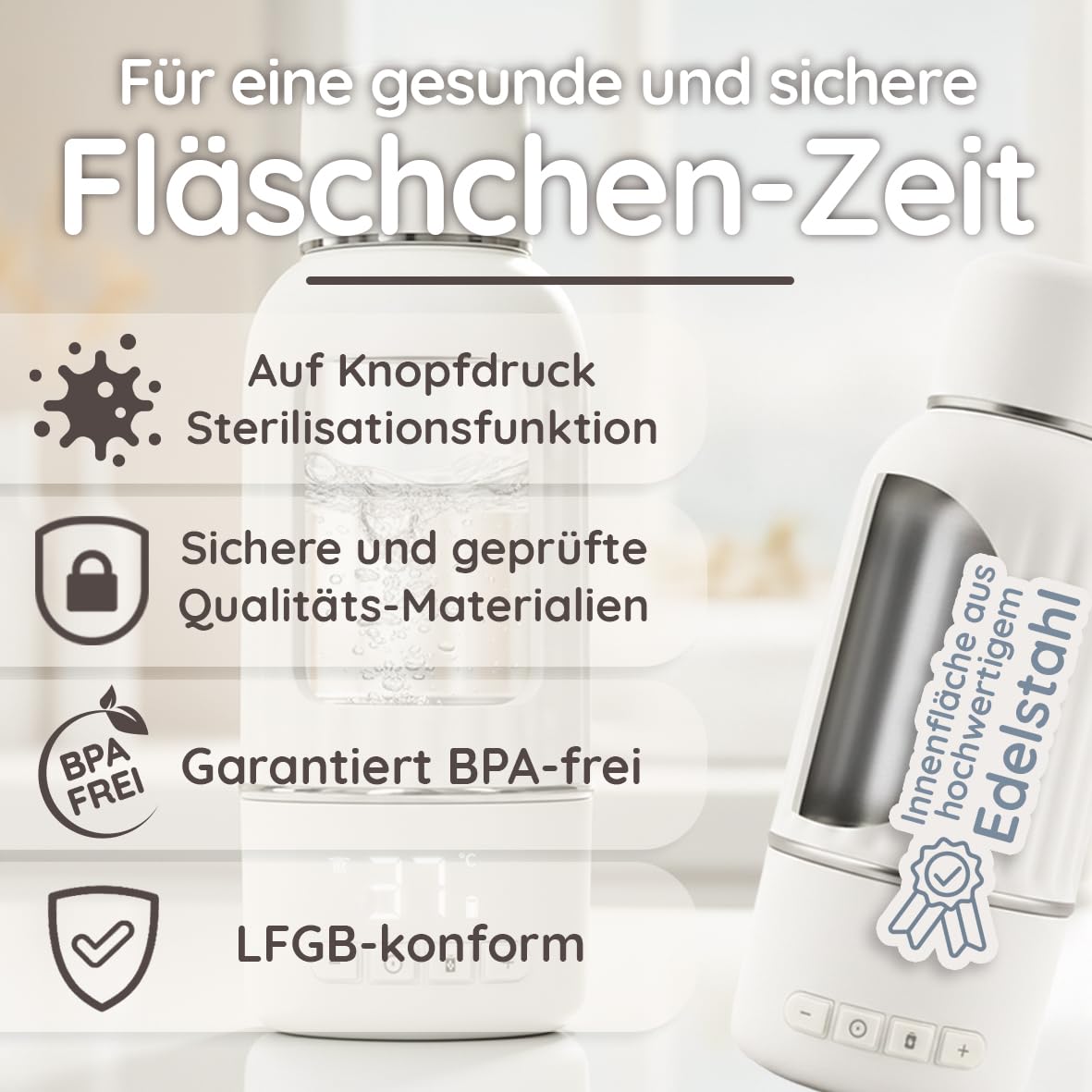 mavie&me Chauffe-biberon pour bébé 500 ml avec batterie - Blanc mat | Sans BPA avec stérilisation, chauffage rapide en 3 minutes – Chauffe-lait maternel mobile et chauffe-eau, blanc mat