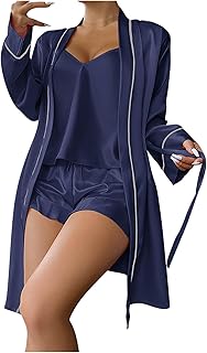 Pajama Sets For Women 3 Piece Suspenders Deep V Low Chest Tops Drawstring Shorts With Loose Cardigans Suits