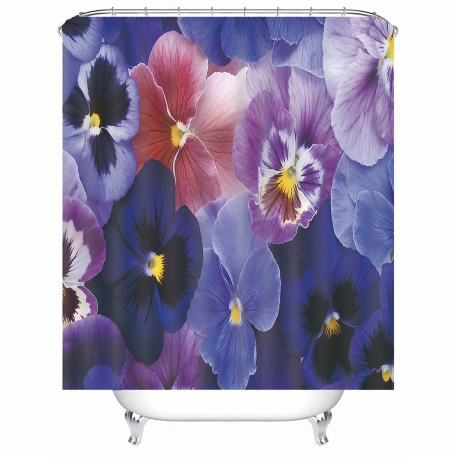 Rideau de douche en tissu imperméable violet motif fleurs avec anneaux