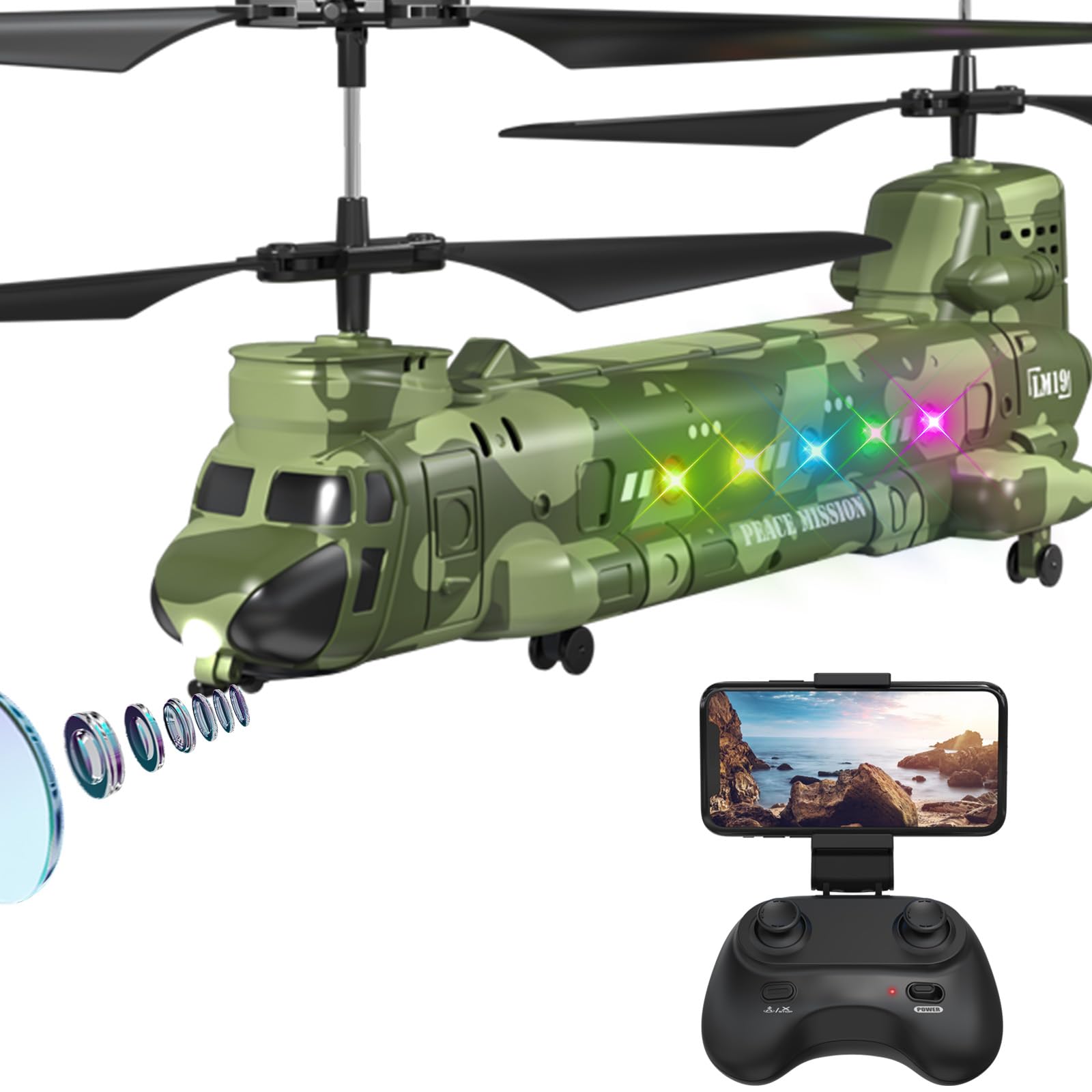OBEST LM19-D Chinook RC Helicopter,Remote Control Military Helicopter with Camera,Twin-propeller with Altitude Hold,One Key take Off/Landing,Army RC Toys and Military Fans