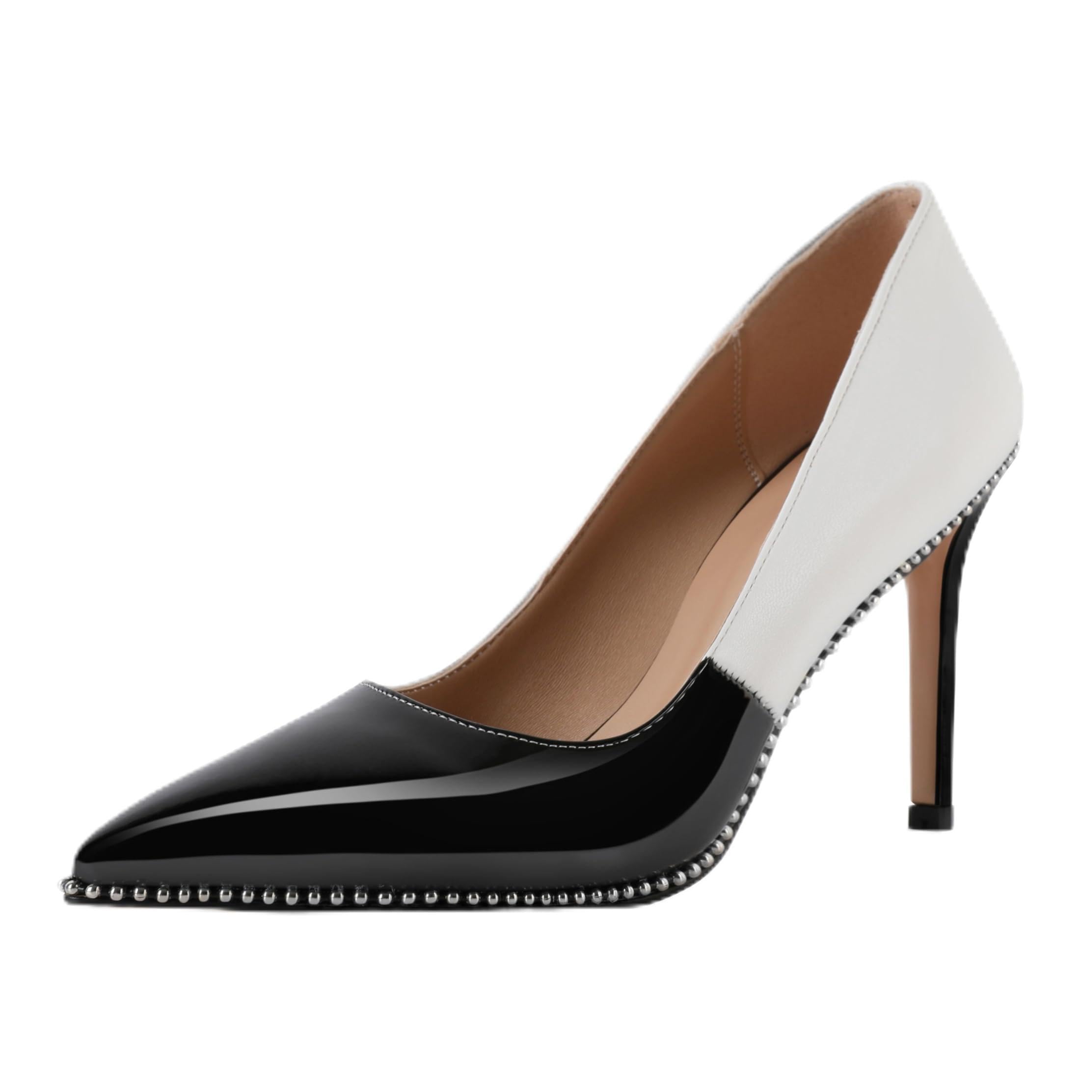 SAMMITOP Women Beaded Pumps Closed Pointed Toe High Heel Slip On Stilettos 3.5 Inch Sexy Heeled Dress Shoes Patent Leather