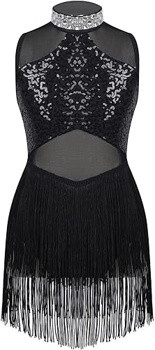 Miniatura 8 de YiZYiF Vestido de baile latino con borlas de lentejuelas para niñas Jazz Tango Rumba Salsa Salón Traje de baile