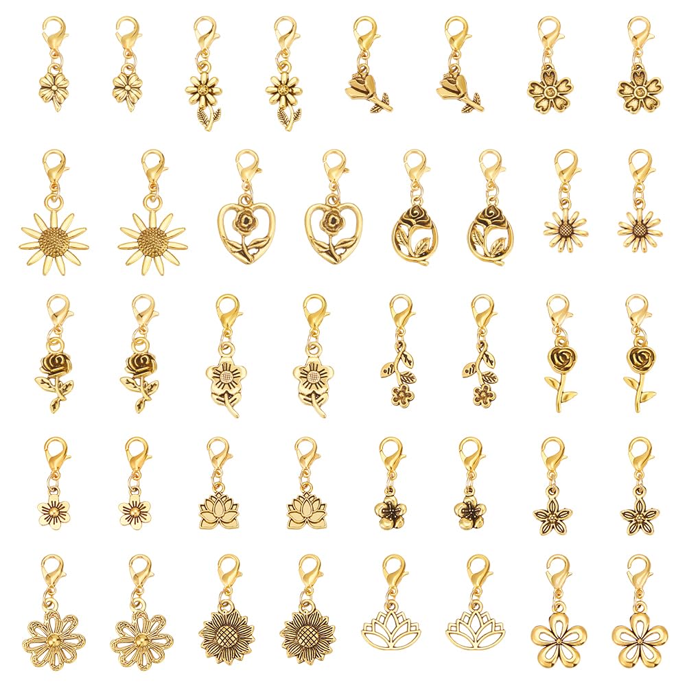 PH PandaHall 40pcs Flower Clip on Charm Pendants, 20 Style Antique Golden Blossom Charms Metal Dangle Charms with Lobster Clasp for Jewellery Making Necklace Bracelet Earrings Purse Zipper Pull Decor