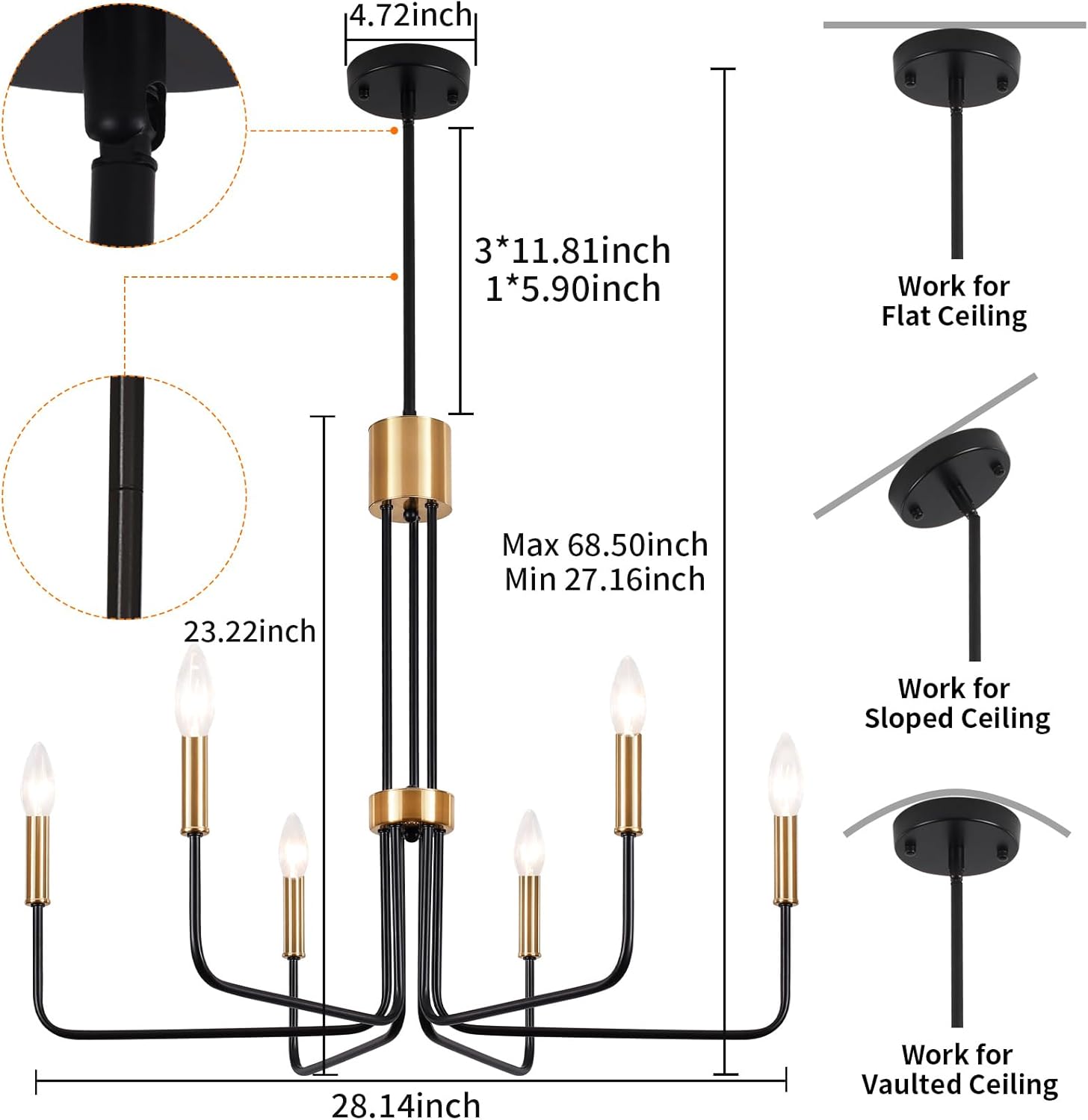 Modern Black and Gold Chandelier,6-Light Farmhouse Chandelier for Dining Room Light Fixtures Ceiling Hanging Industrial Chandelier Light Fixture for Kitchen Living Room Bedroom Entryway