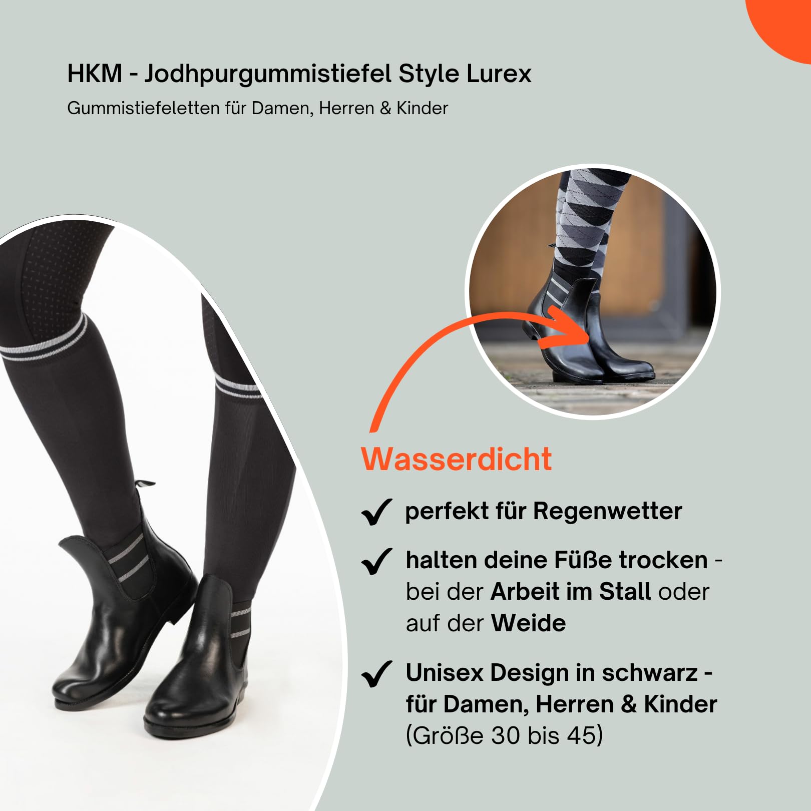 HKM - Jodhpurgummistiefel Style Lurex | Gummistiefeletten für Damen, Herren & Kinder | Regenstiefeletten mit Elastikeinsatz | wasserdichte Jodhpur-Stiefelette in Schwarz | Größe 30-45