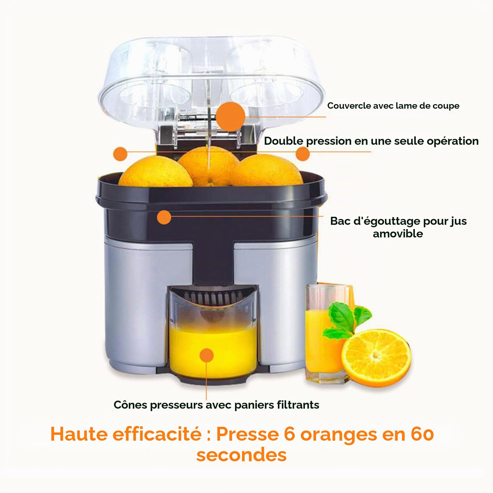 Presse-agrumes électrique, Presse-citron Orange, Système de Séparation Automatique à Double efficacité, Vitesse 18 000 Tr/min, Pressez 6 Oranges en 60 Secondes
