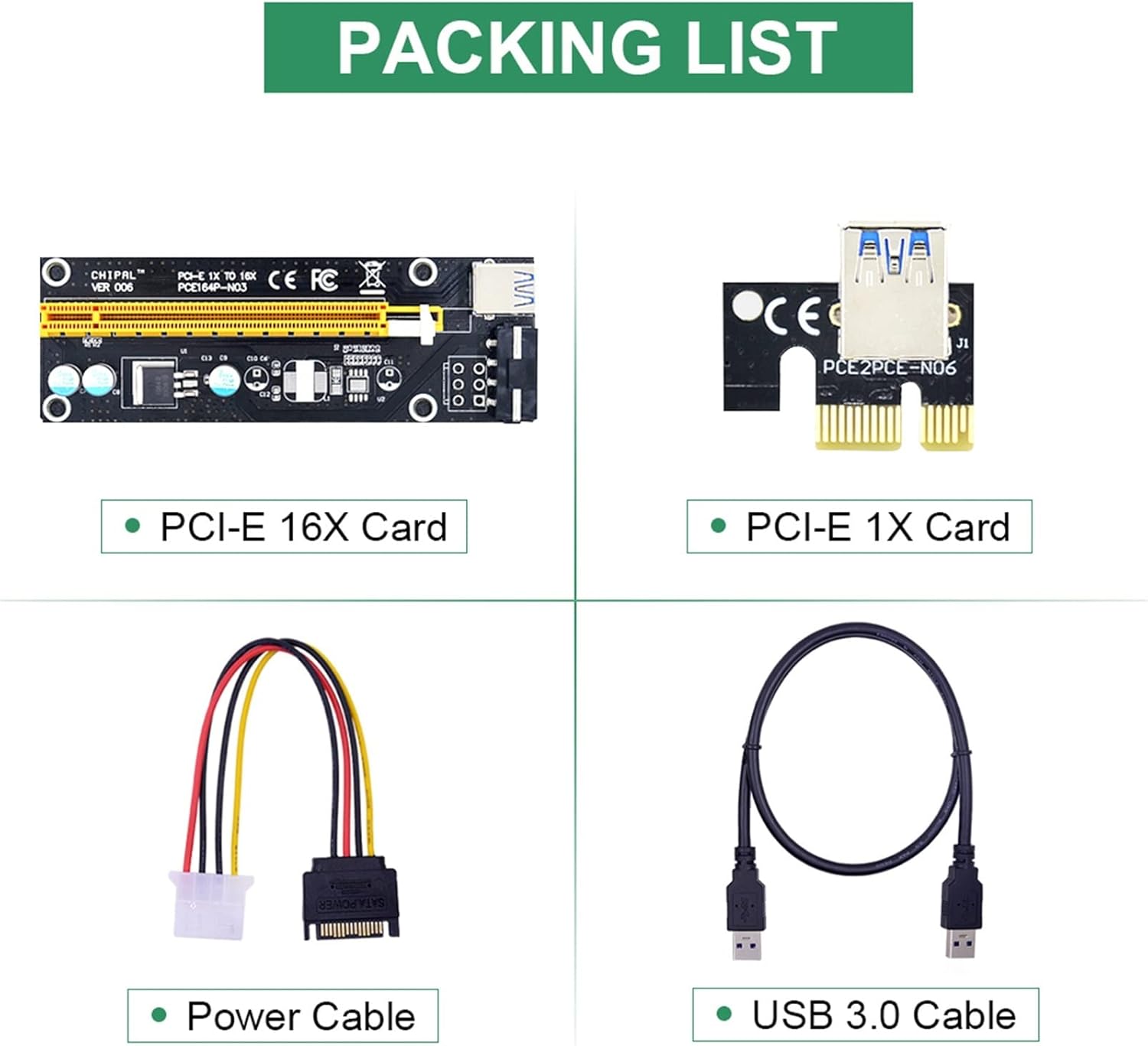 100PCS VER006S PCI-E 1X to 16X Riser Card Extender 60CM USB 3.0 Cable/SATA to 4Pin Power Cord for Video Graphics Card(0.6M)