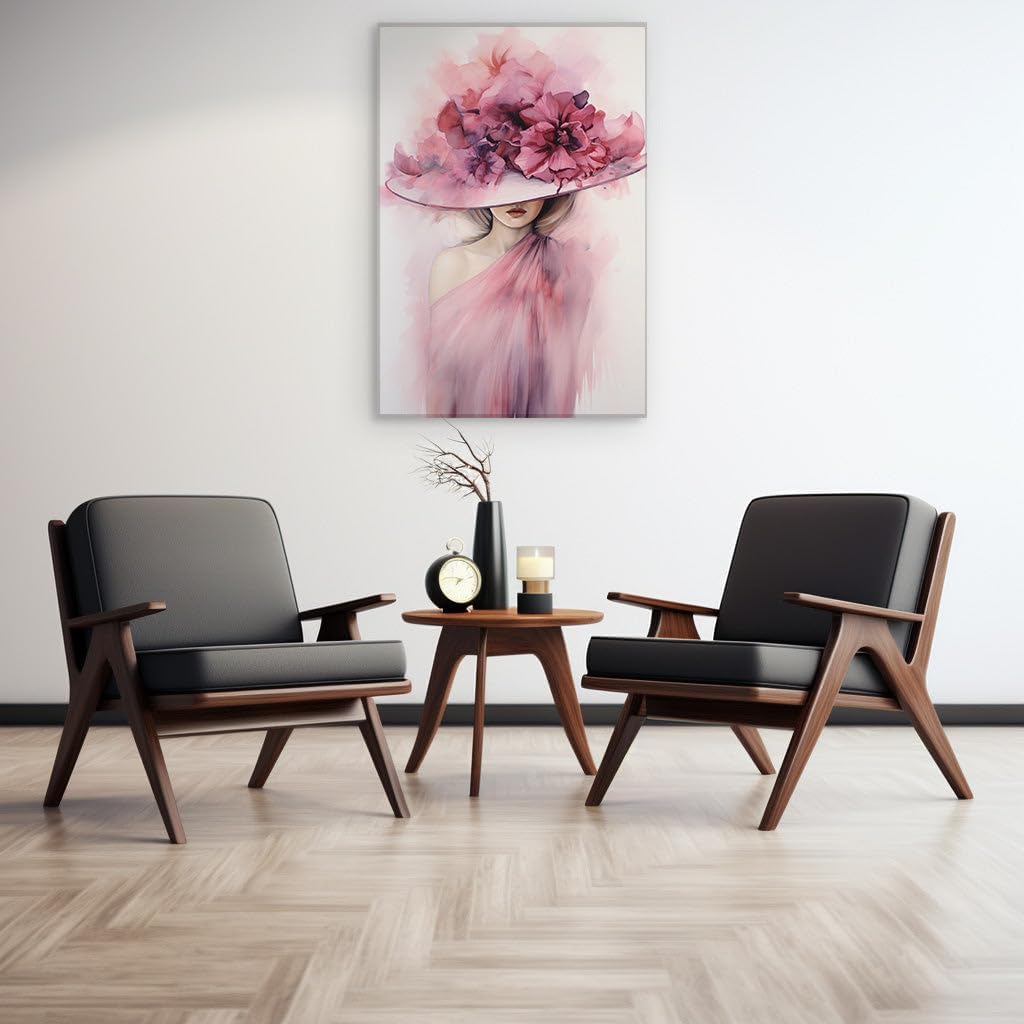 Canvas for Living room. Mystery in Bloom: The Enigmatic Woman Beneath the Floral Hat, 27 x 18 inch Canvas Wall Art - Ready to Hang - 69x46 cm (27x18 inch)