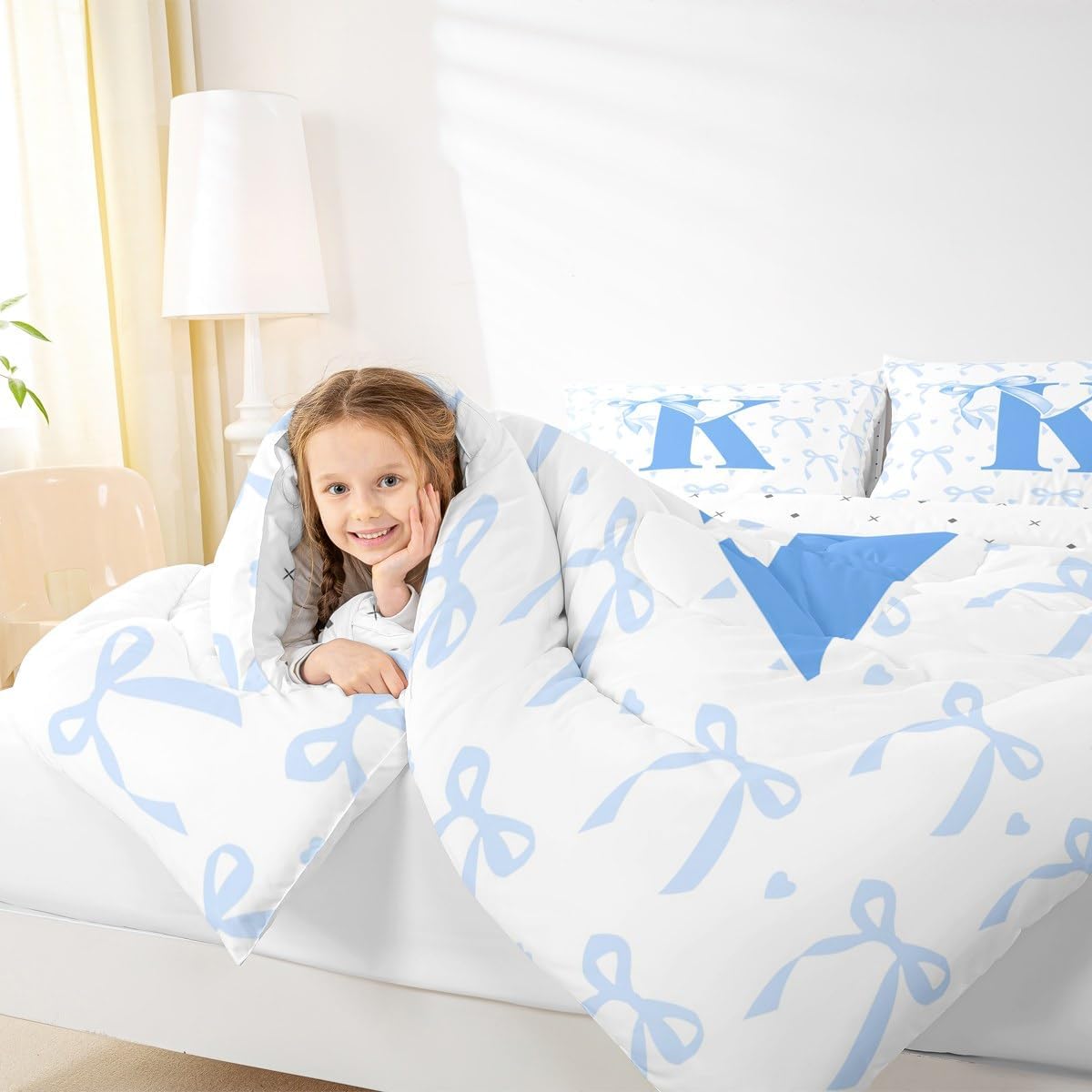 jejeloiu Cute Blue Bow Kids Bedding Set Twin Size,Boys Girls Monogrammed Comforter Set,Initial Letter K Ultra Soft Duvet Quilt,Cute Coquette Bow Knot Personalized Letter K Bedroom Decor
