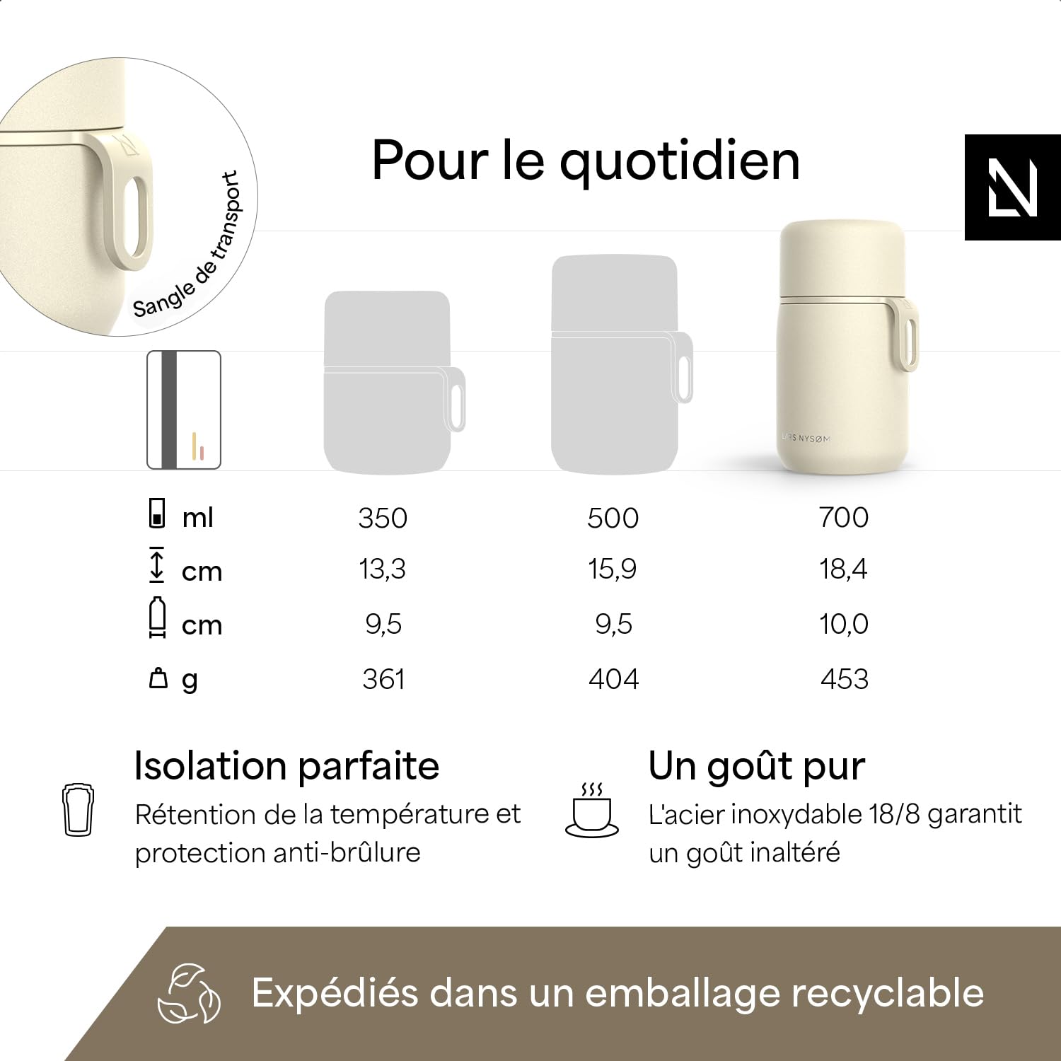 LARS NYSØM Boîte Alimentaire Isotherme en Inox - Récipient Hermétique pour Repas Chauds ou Froids, Thermos à Large Ouverture pour Soupe, Bureau & Voyage (Almond Beige, 700ml)