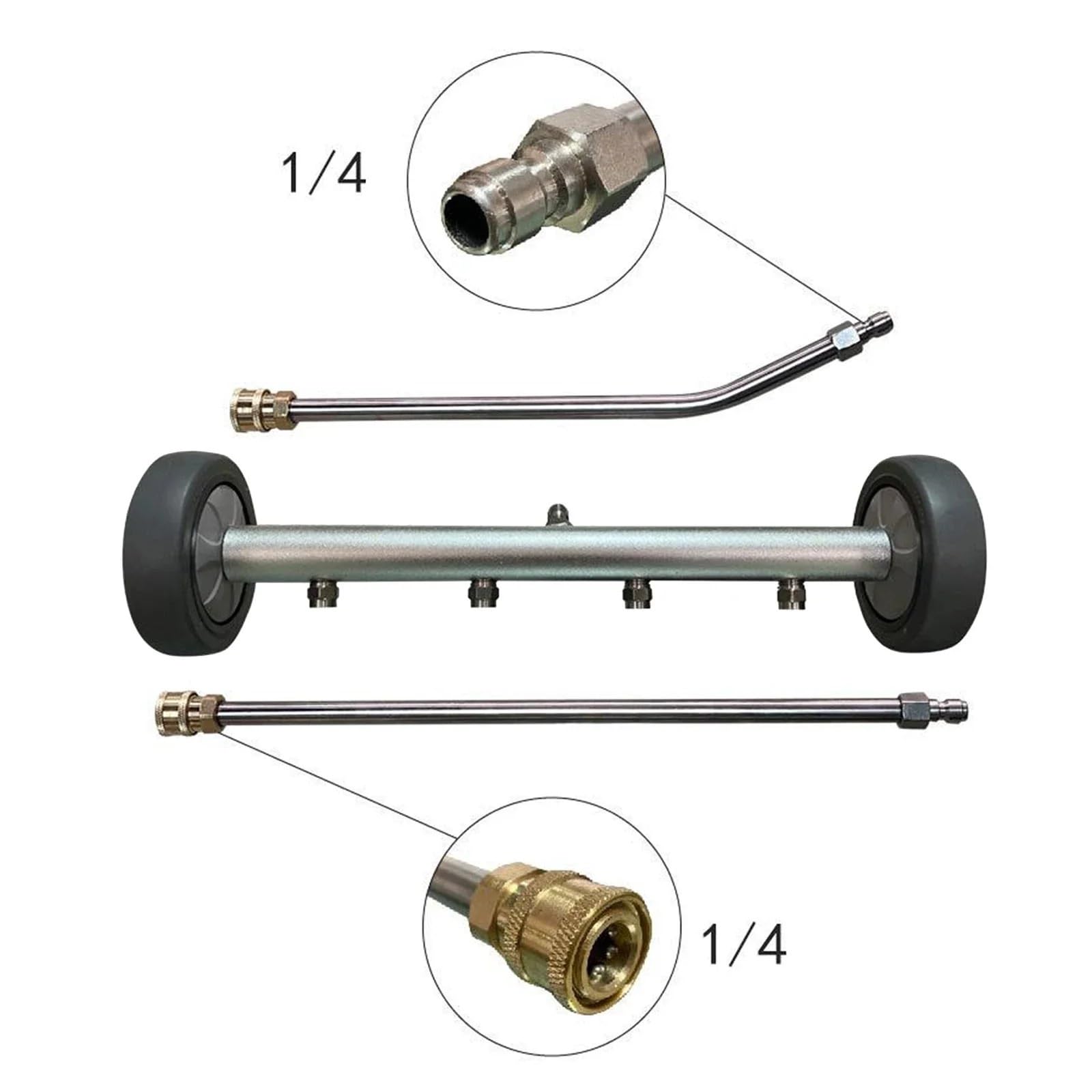 Limpiador De Chasis 15" For Hidrolimpiadora, 5000 PSI, 4 Boquillas | Limpiador De Chasis Y Escoba De Agua Doble Función, 5000 PSI, 4 Boquillas 65° Acero Inox, Conexión Rápida 1/4"