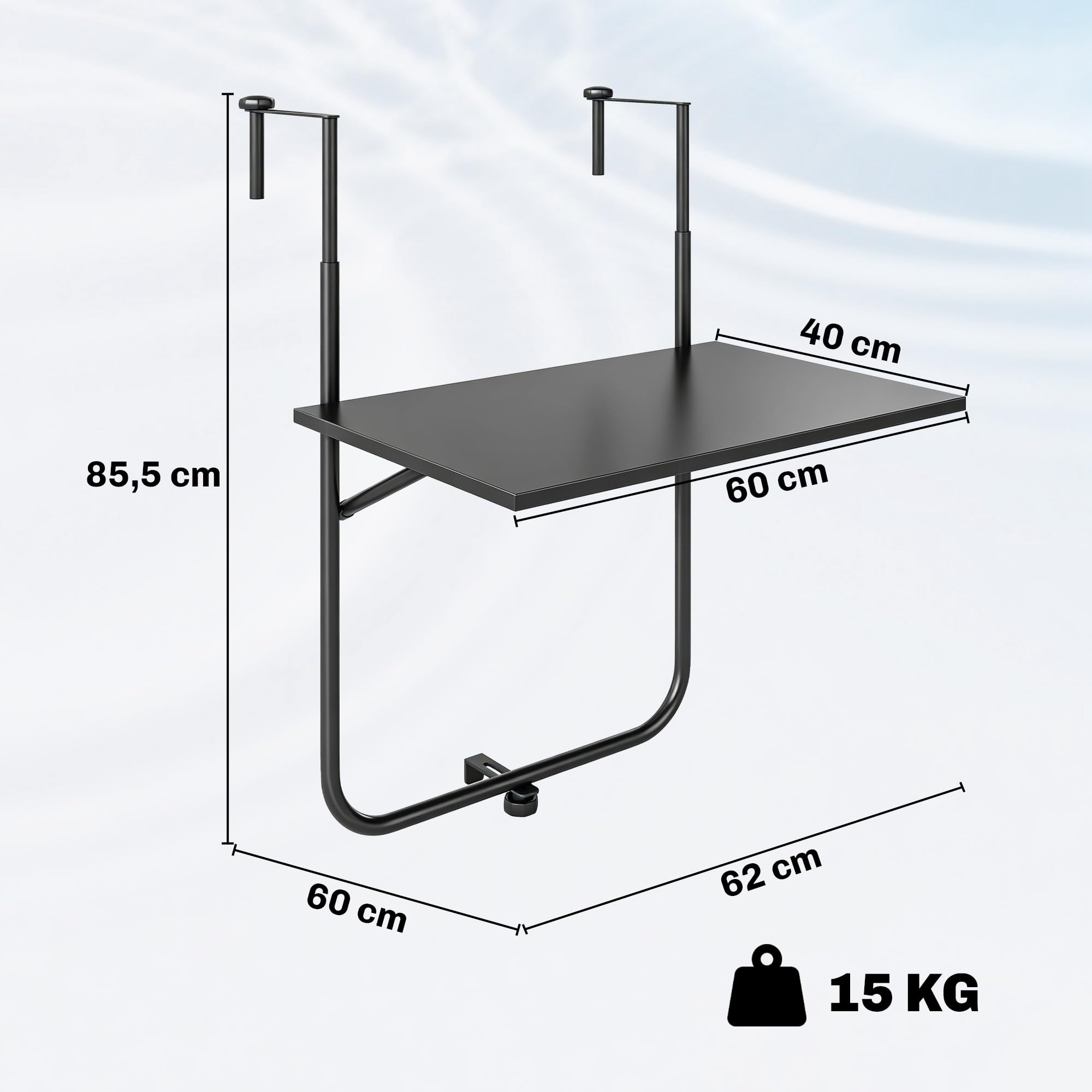 Outsunny Table de Balcon Suspendue Plateau rectangulaire et Hauteur réglable Cadre en métal, dim. 62L x 60P x 85,5H cm Noir