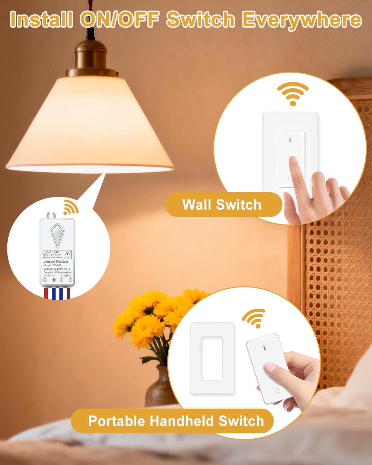 Greencycle Wireless Light Switch and Receiver Kit,Remote Buckble & Removable Wall Switch with No Wiring,1300FT RF Range,10A 1000W for LED Lights,Ceiling Lights,Fans,IP66 Waterproof for Bathroom,2 REV