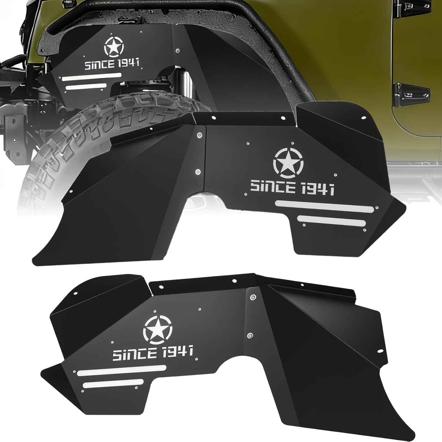 Front Inner Fender Liners for Jeep Wrangler JK/JKU 2007-2018, High-Strength Carbon Steel Wheel Well Covers, Powder Coated, Bolt-On Installation, Engine & Body Protection, 2 PCs (Star Pattern)
