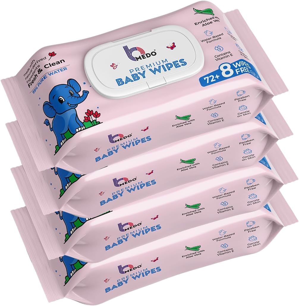 Premium Baby Wipes – 99% Water, Aloe Vera & Vitamin E | Natural, Soft, Moisturizing Wipes for Sensitive Skin | Hypoallergenic, pH Balanced, Unscented 80 wipes (PACK OF 4)