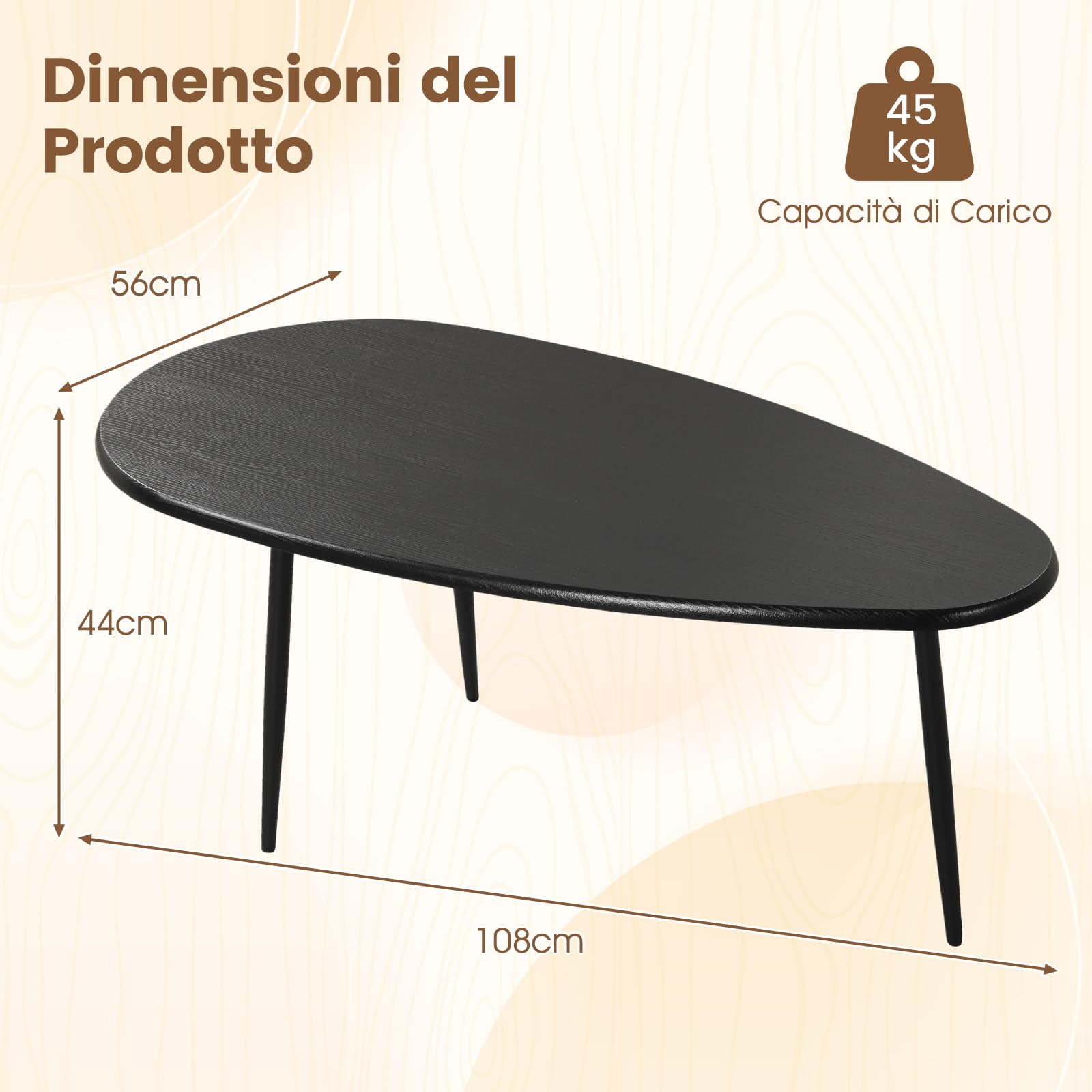 COSTWAY Tavolino da Salotto Ovale, Tavolino da Caffè con Struttura Metallica Robusta e Design Compatto, Tavolo Basso per Soggiorno, Ufficio e Lounge (Nero)