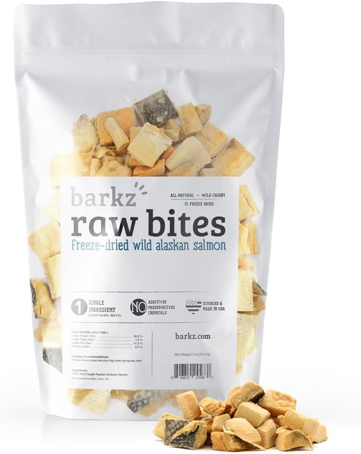 Barkz Raw Bites Freeze-Dried Salmon (5 oz) - Wild Caught Alaskan Sockeye Salmon - for Dogs & Cats - Made in USA